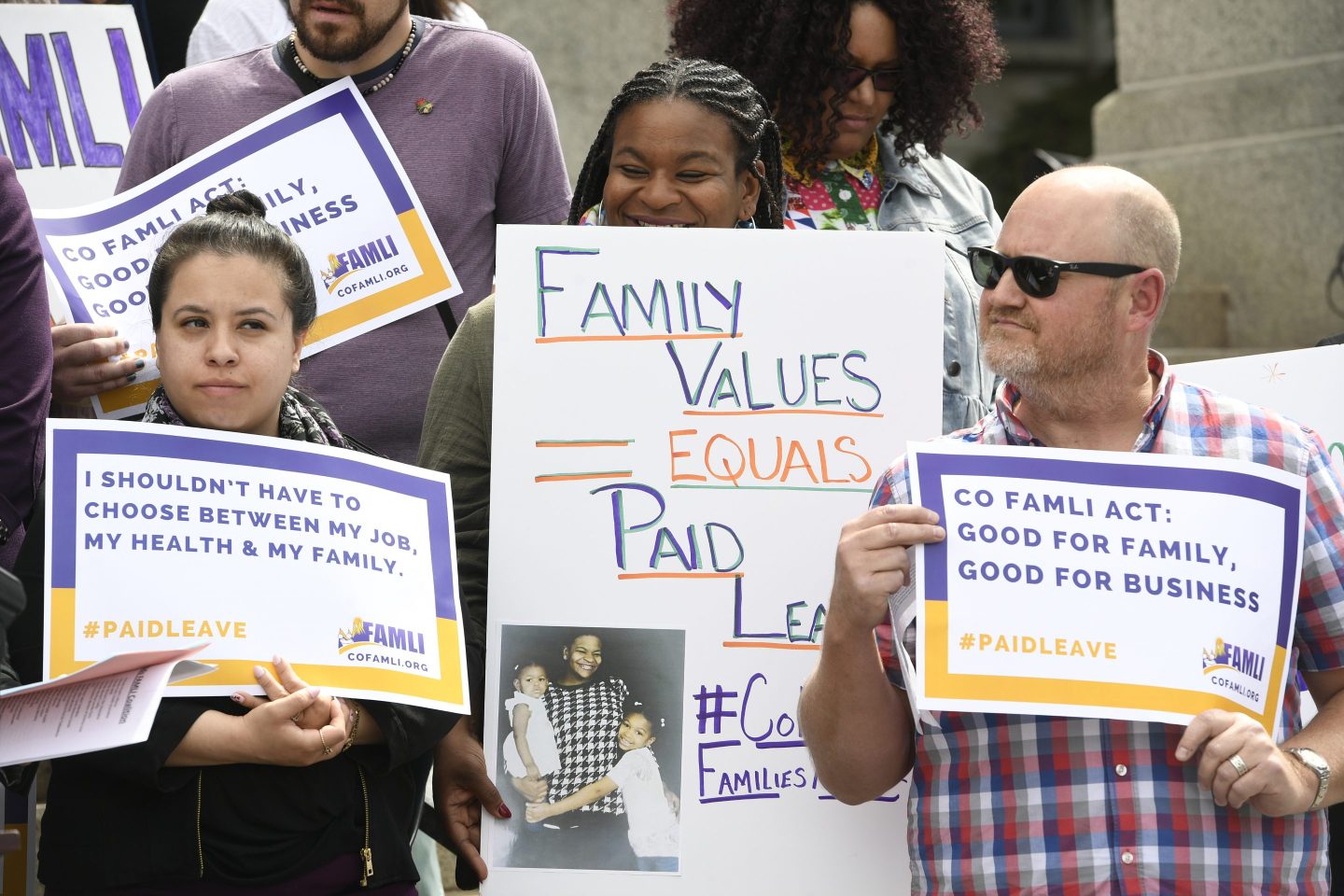 Supporters rally for the FAMLI Act, or Colorado Senate Bill 19-188, on West steps of state capitol.