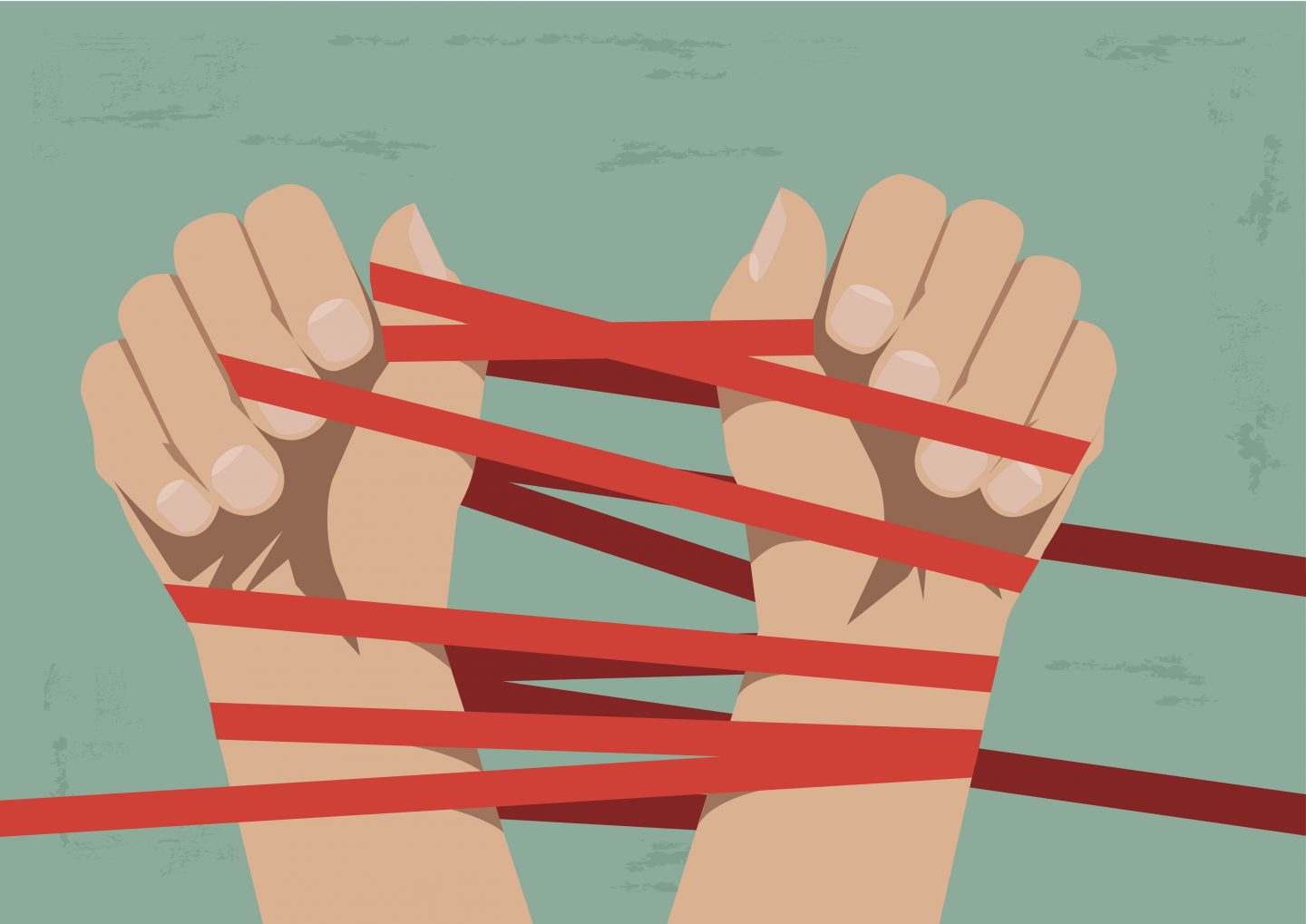 Two hands bound by red tape.