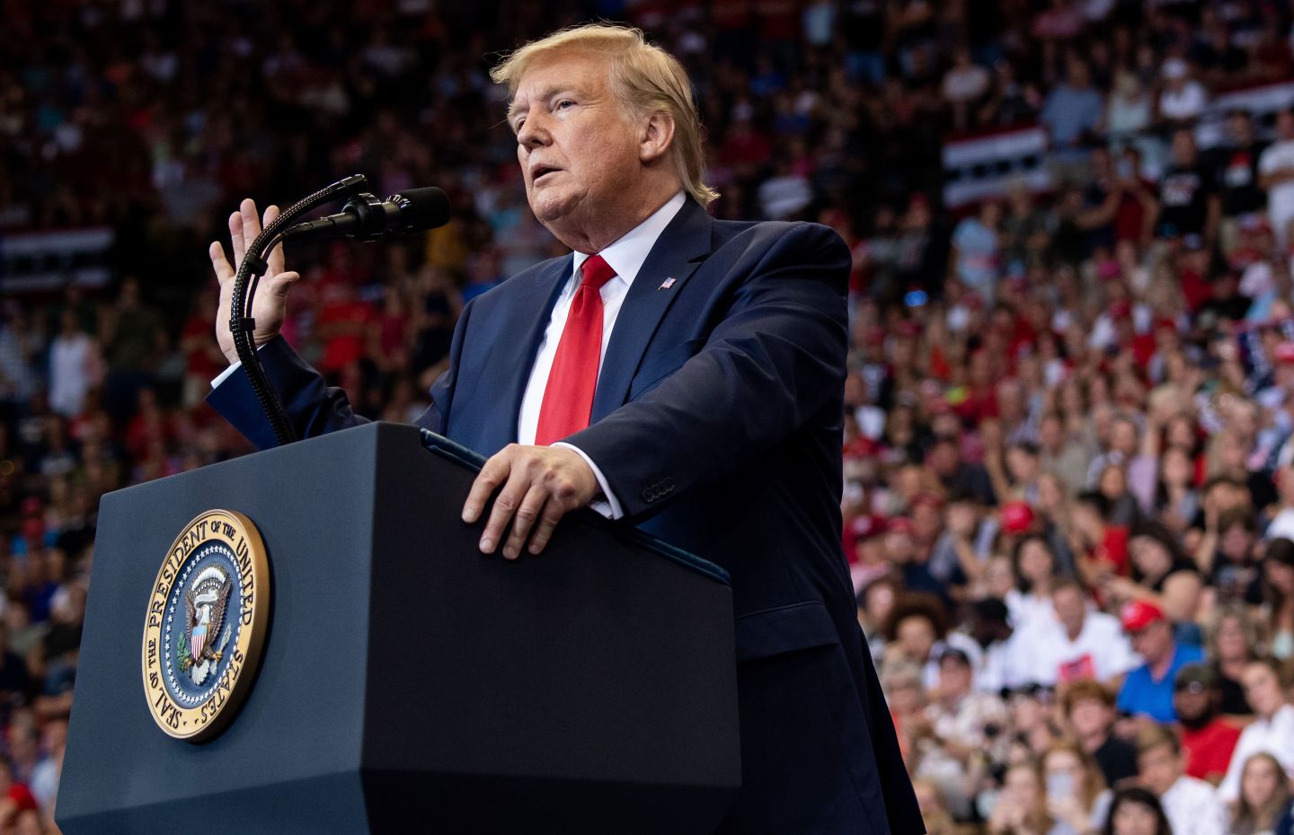 US President Donald Trump gestures as he speaks during a "Make America Great Again"