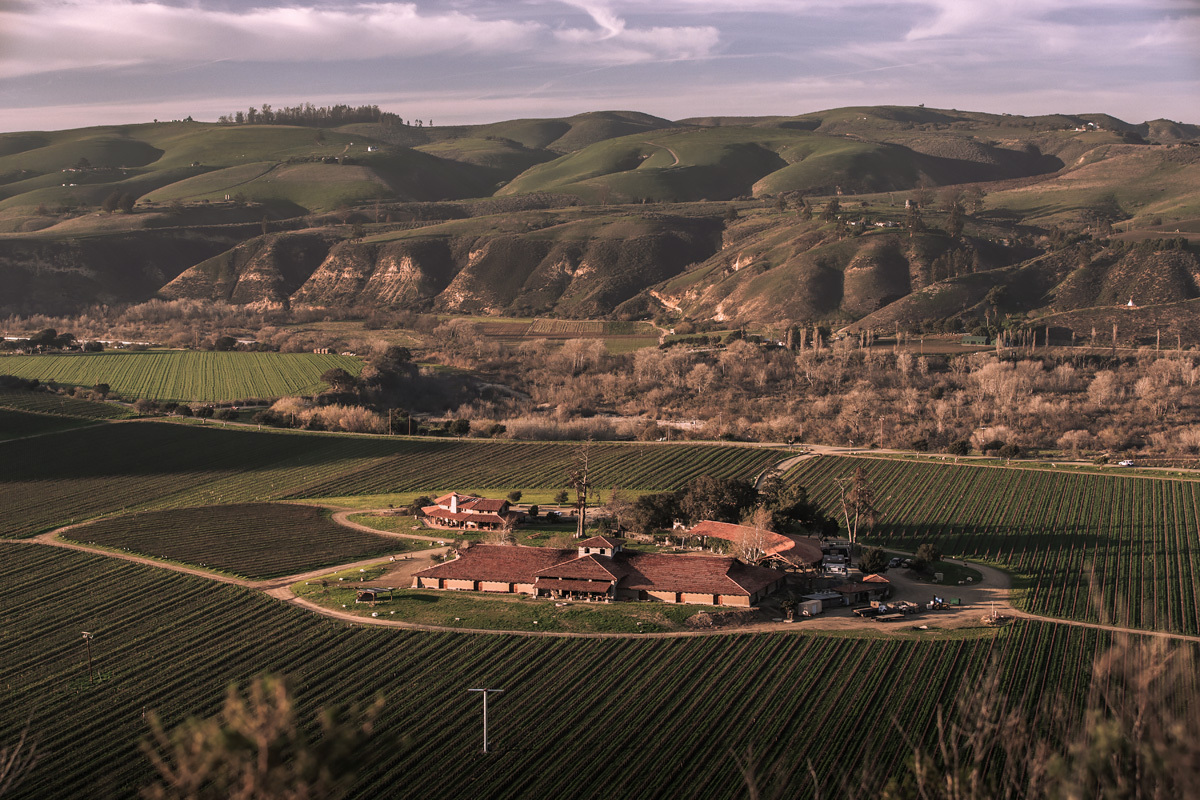 An aerial view of the Sanford Winery & Vineyards in Santa Barbara County, Calif.