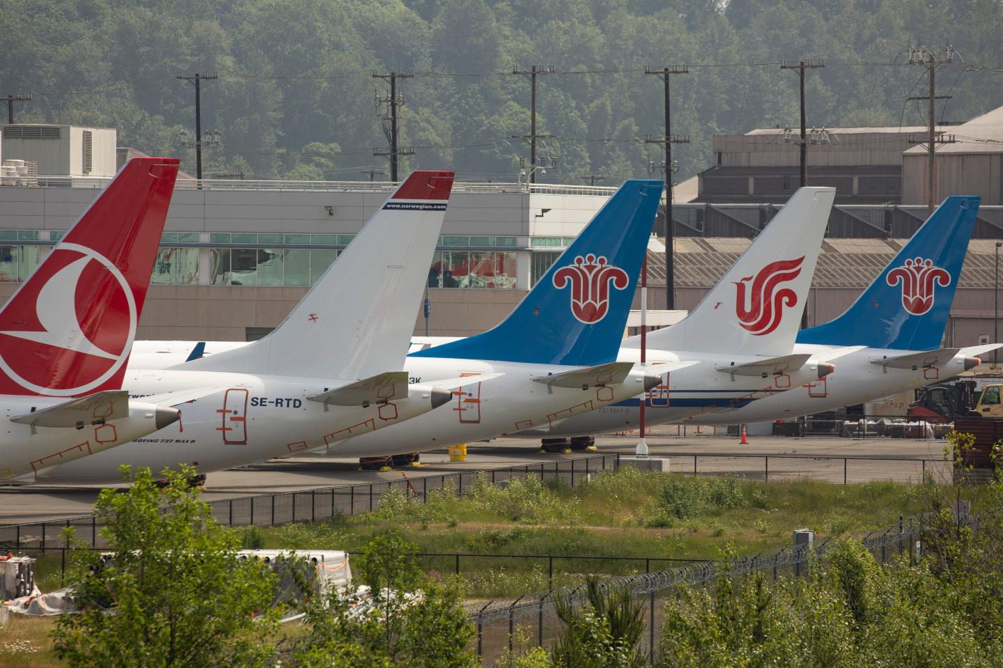 SEATTLE, WA - MAY 31: The tails of Boeing 737 MAX airplanes are seen as they sit parked at a Boeing facility adjacent to King County International Airport, known as Boeing Field, on May 31, 2019 in Seattle, Washington. Boeing 737 MAX airplanes have been grounded following two fatal crashes in which 346 passengers and crew were killed in October 2018 and March 2019. (Photo by David Ryder/Getty Images)