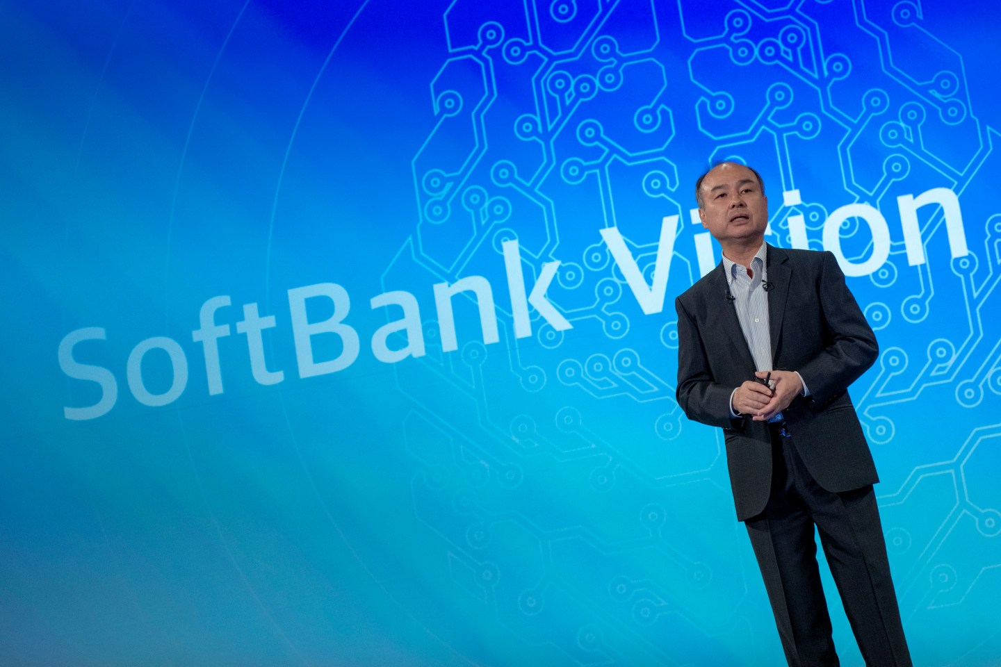 Masayoshi Son, chairman and chief executive officer of SoftBank Group Corp., speaks during a news conference in Tokyo, Japan, on Wednesday, Aug. 7, 2019. SoftBank reported first-quarter profit that beat the highest analyst estimate thanks to valuation gains from Vision Fund investments such as Slack Technologies Inc. (Photo by Alessandro Di Ciommo/NurPhoto via Getty Images)