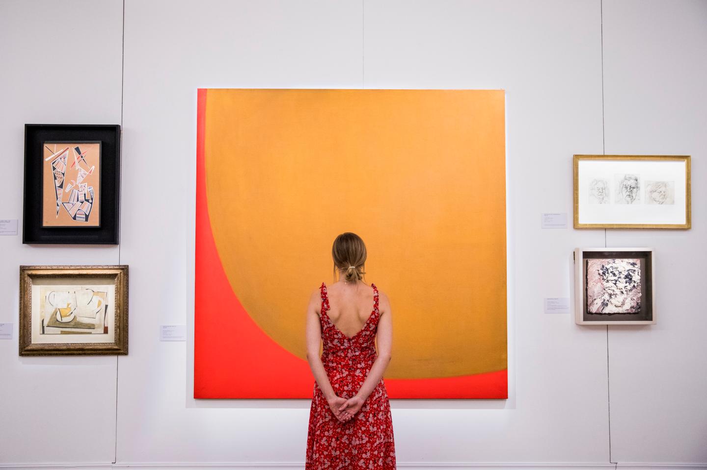 A moment during the exhibition 'Brave New Visions: The Emigres who transformed the British Art World' at Sotheby's London on July 17, 2019.