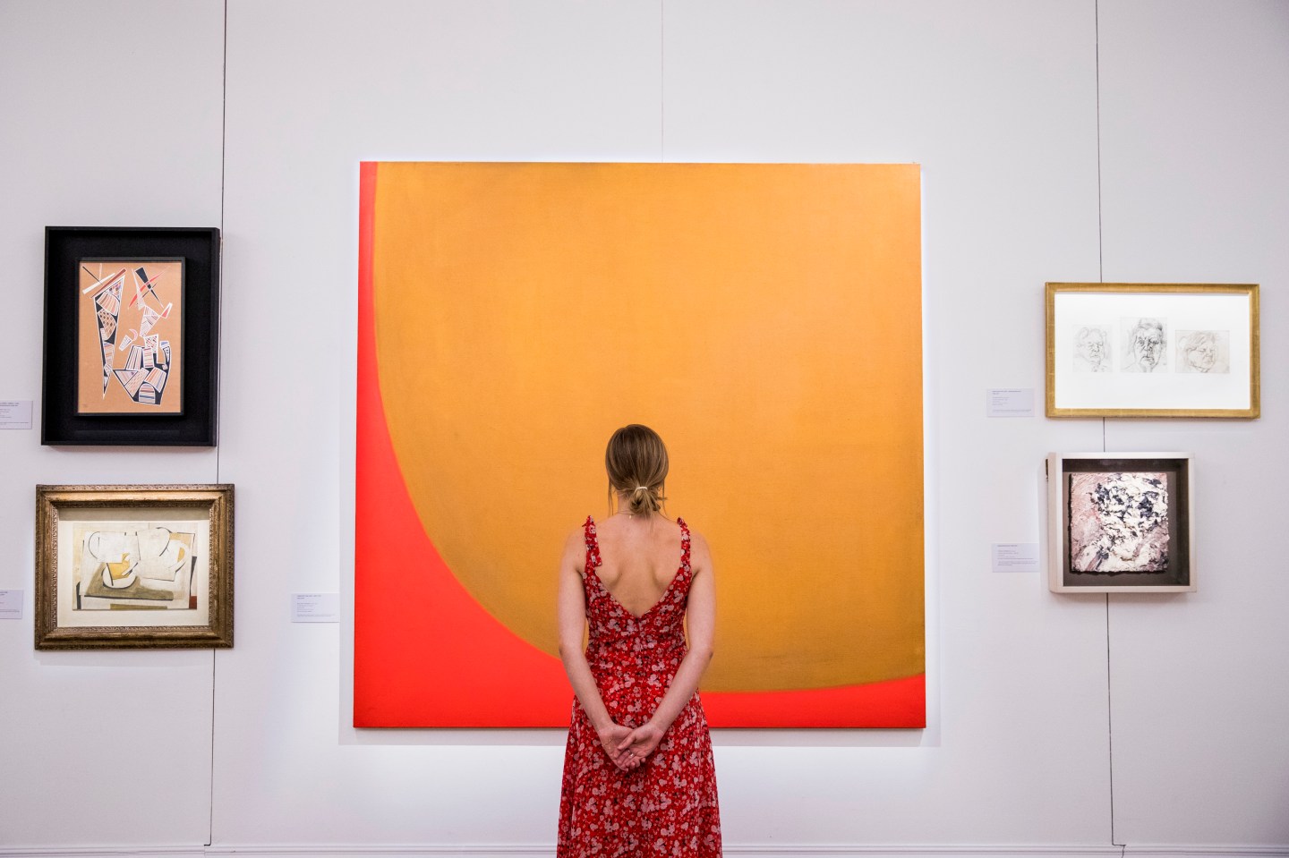 A moment during the exhibition 'Brave New Visions: The Emigres who transformed the British Art World' at Sotheby's London on July 17, 2019.