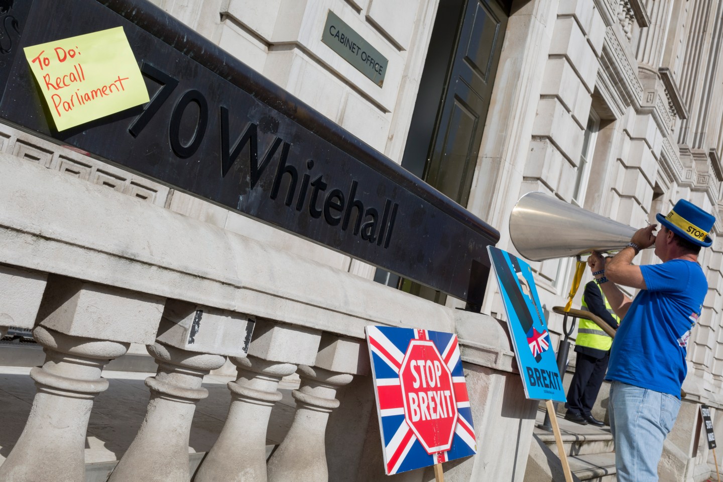 Renowned Brexit protester Steve Bray shouts Remain chants into the doors of the Cabinet Office on Whitehall, the location of daily Brexit contingency planning meetings (codenamed Yellowhammer, in government departments), on 19th August 2019, in London, England. (Photo by Richard Baker / In Pictures via Getty Images)