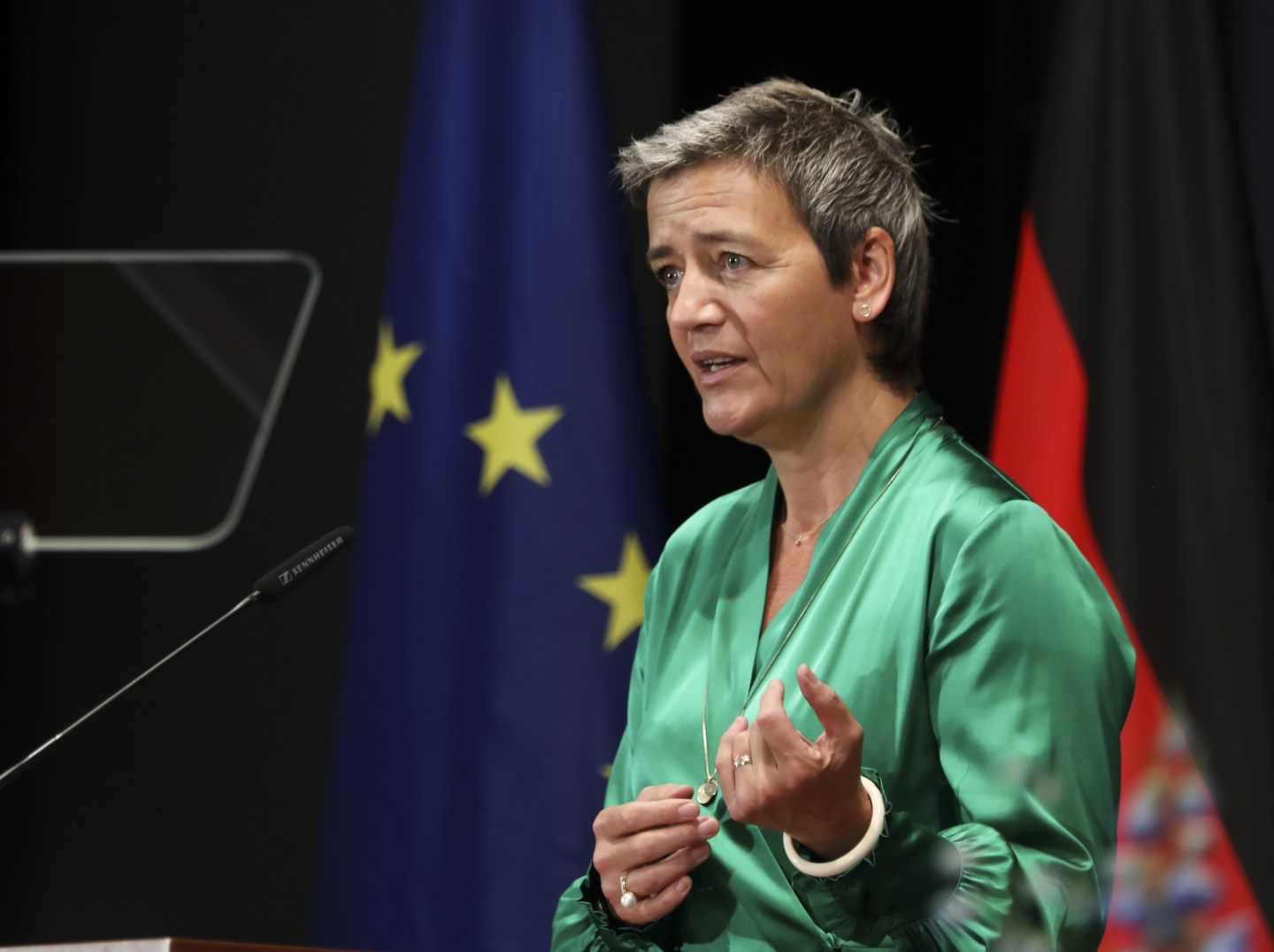 European Commissioner for Competition Margrethe Vestager addresses on the second day of annual Ambassadors Conference in Berlin, Germany on August 27, 2019.