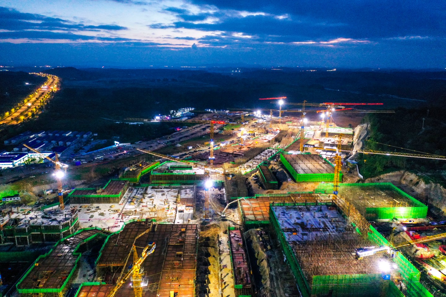 GUIYANG, CHINA - AUGUST 02: Aerial view of the construction site of Huawei data center at Gui'an New Area on August 2, 2019 in Guiyang, Guizhou Province of China. Huawei is building a new data center to store the company's global management data in Guian New Area of Guiyang. (Photo by Wu Dongjun/Visual China Group via Getty Images)