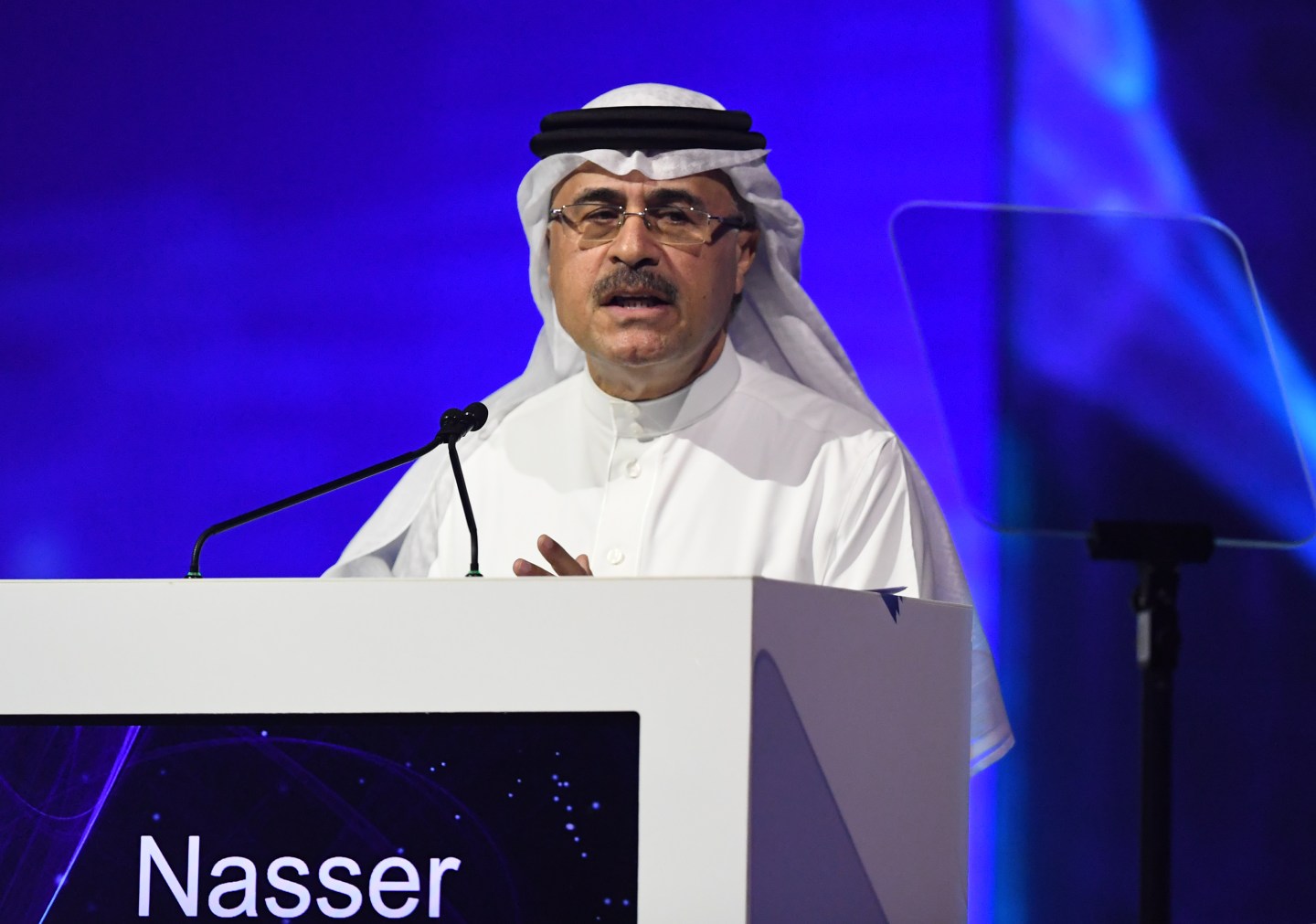 Saudi state oil company Aramco's CEO Amin Nasser, speaks during the 24th World Energy Congress (WEC) in the UAE capital Abu Dhabi on September 10, 2019. - Saudi energy giant Aramco is ready for a two-stage IPO but the timing is up to the government, Nasser said today, flagging a possible foreign listing as part of the offering. (Photo by KARIM SAHIB / AFP) (Photo credit should read KARIM SAHIB/AFP/Getty Images)