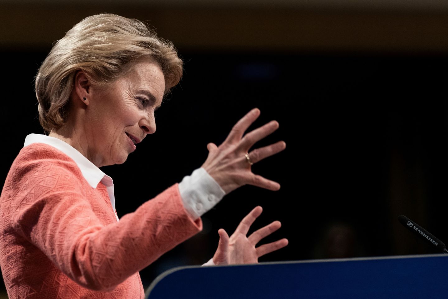 European Commission President German Ursula von der Leyen gestures as she gives a press conference to announce the names of the new European commissioners, on September 10, 2019 at the European Commission in Brussels.