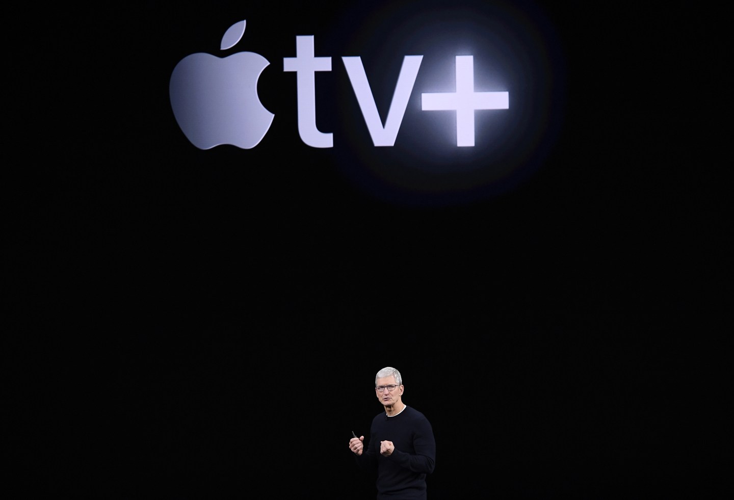Tim Cook, chief executive of Apple Inc., speaks about Apple TV+ during an event at the Steve Jobs Theater in Cupertino, Calif.