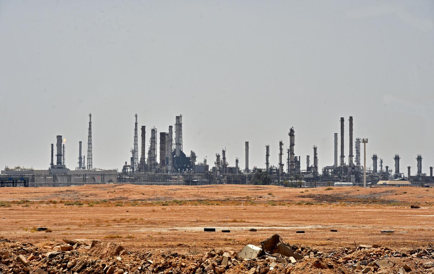 TOPSHOT - A picture taken on September 15, 2019 shows an Aramco oil facility near al-Khurj area, just south of the Saudi capital Riyadh. - Saudi Arabia raced today to restart operations at oil plants hit by drone attacks which slashed its production by half, as Iran dismissed US claims it was behind the assault.