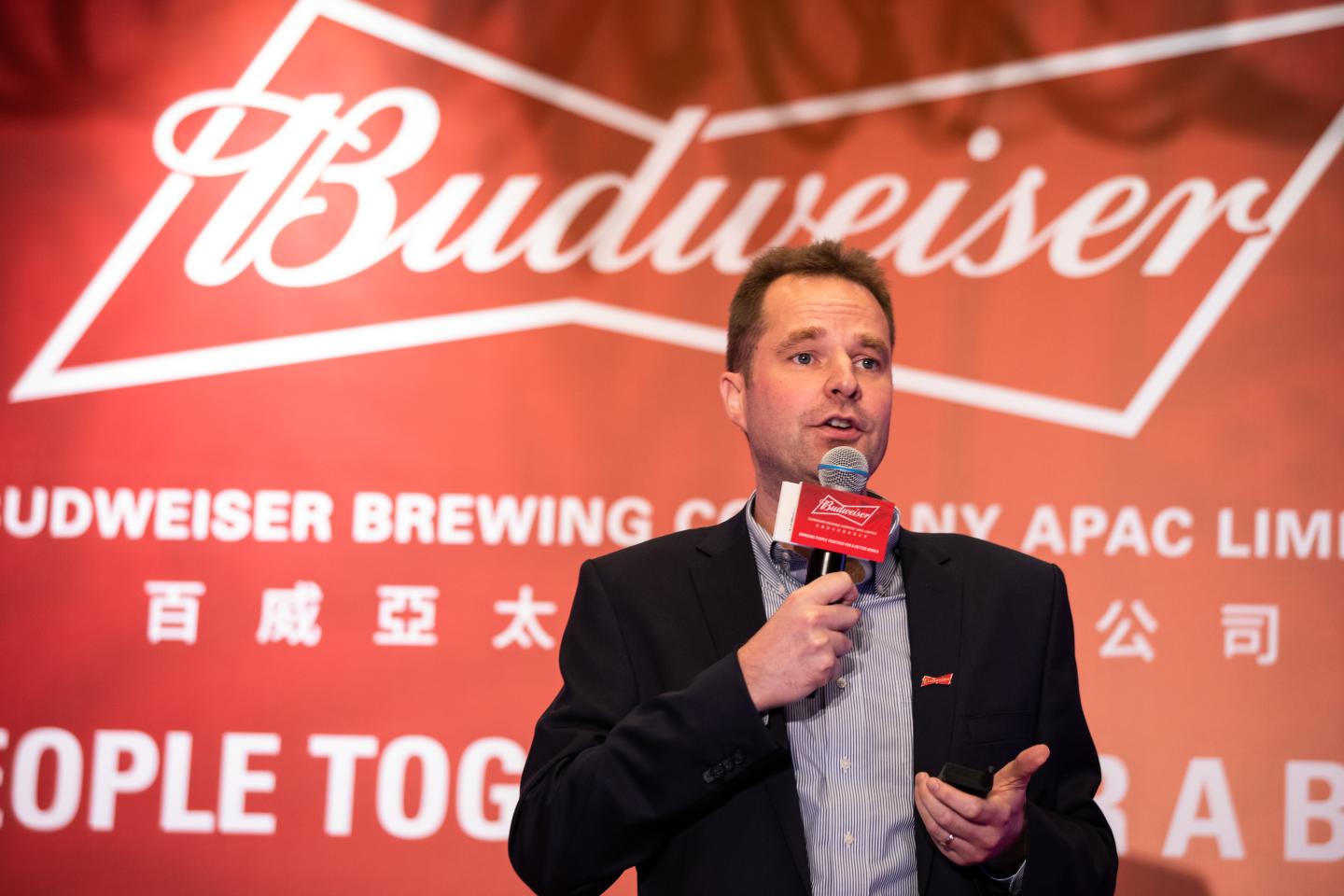 Jan Craps, chief executive officer of Budweiser Brewing Company APAC Ltd., speaks during a news conference in Hong Kong, China, on Tuesday, Sept. 17, 2019. Anheuser-Busch InBev NV is reviving the Hong Kong initial public offering of its Asian unit and is set to raise as much as $4.8 billion, roughly half of an earlier target. Photographer: Kyle Lam/Bloomberg via Getty Images