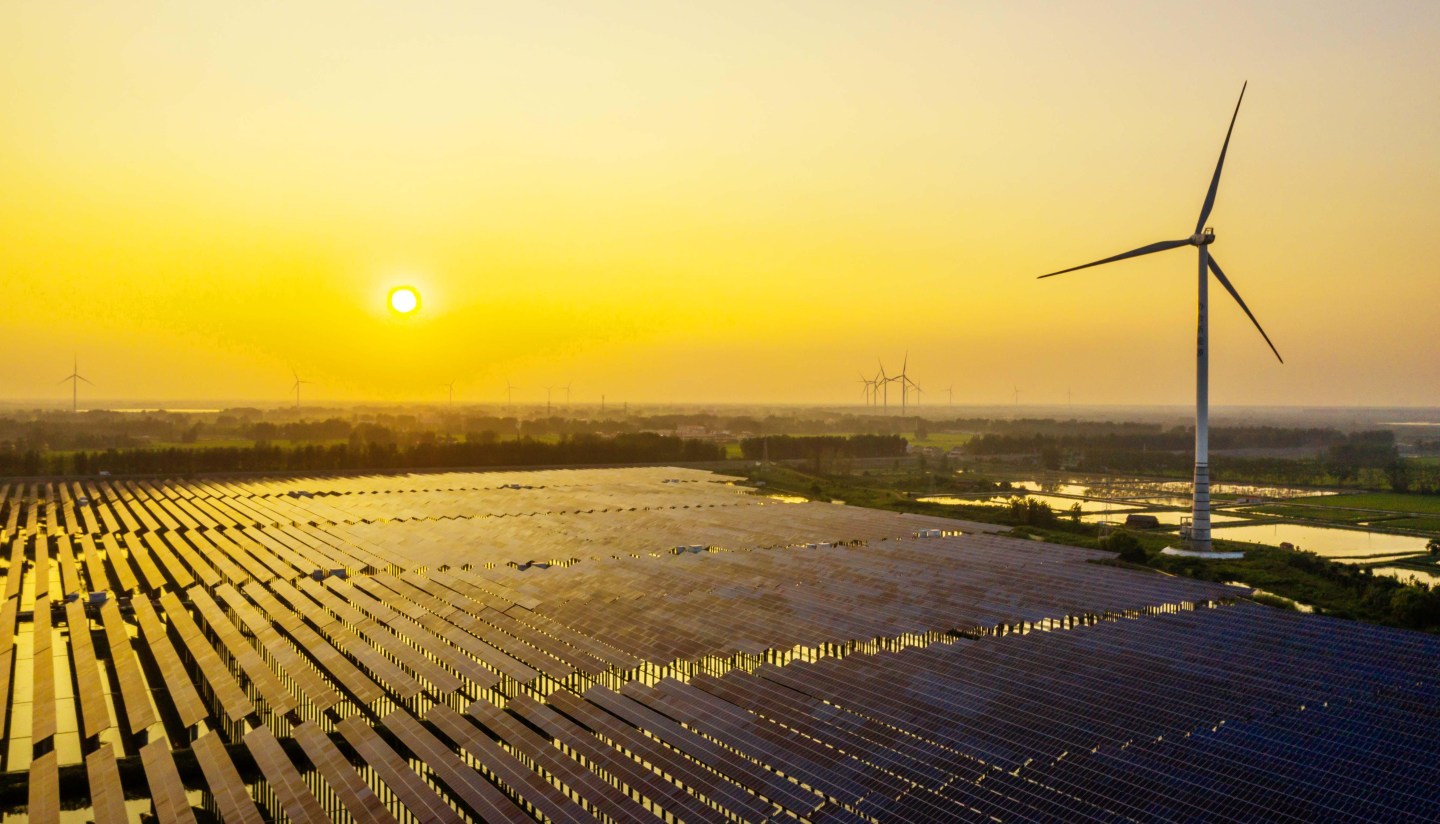 Aerial view of power equipment of a 140,000-kilowatt photovoltaic power station at Gaoyou Lake on September 2, 2019 in Chuzhou, Anhui Province of China.