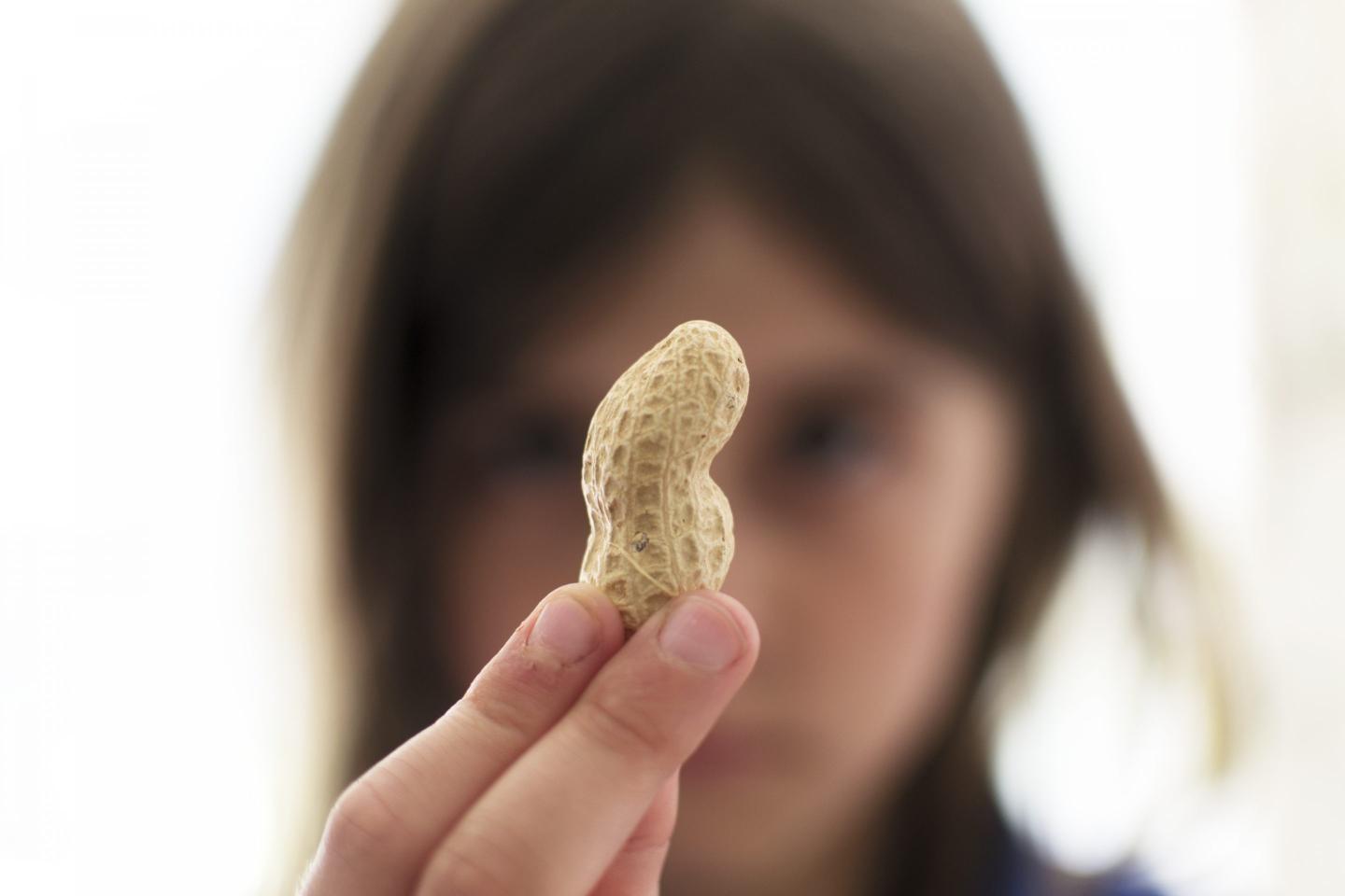 A young girl holding up a nut and looking sad