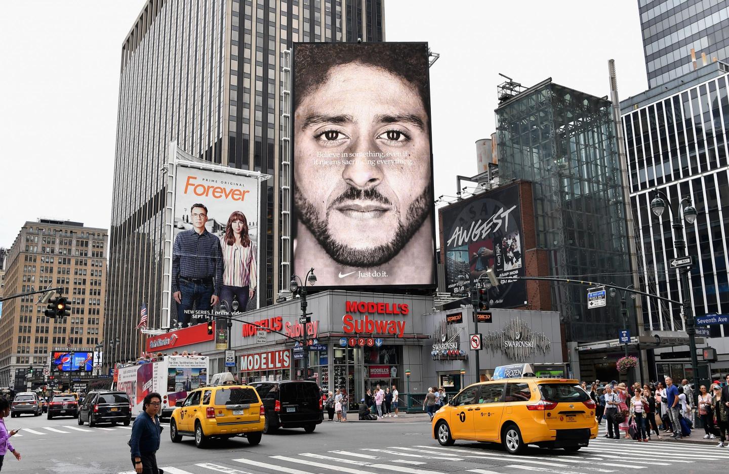 A Nike Ad featuring American football quarterback Colin Kaepernick is on diplay September 8, 2018 in New York City.