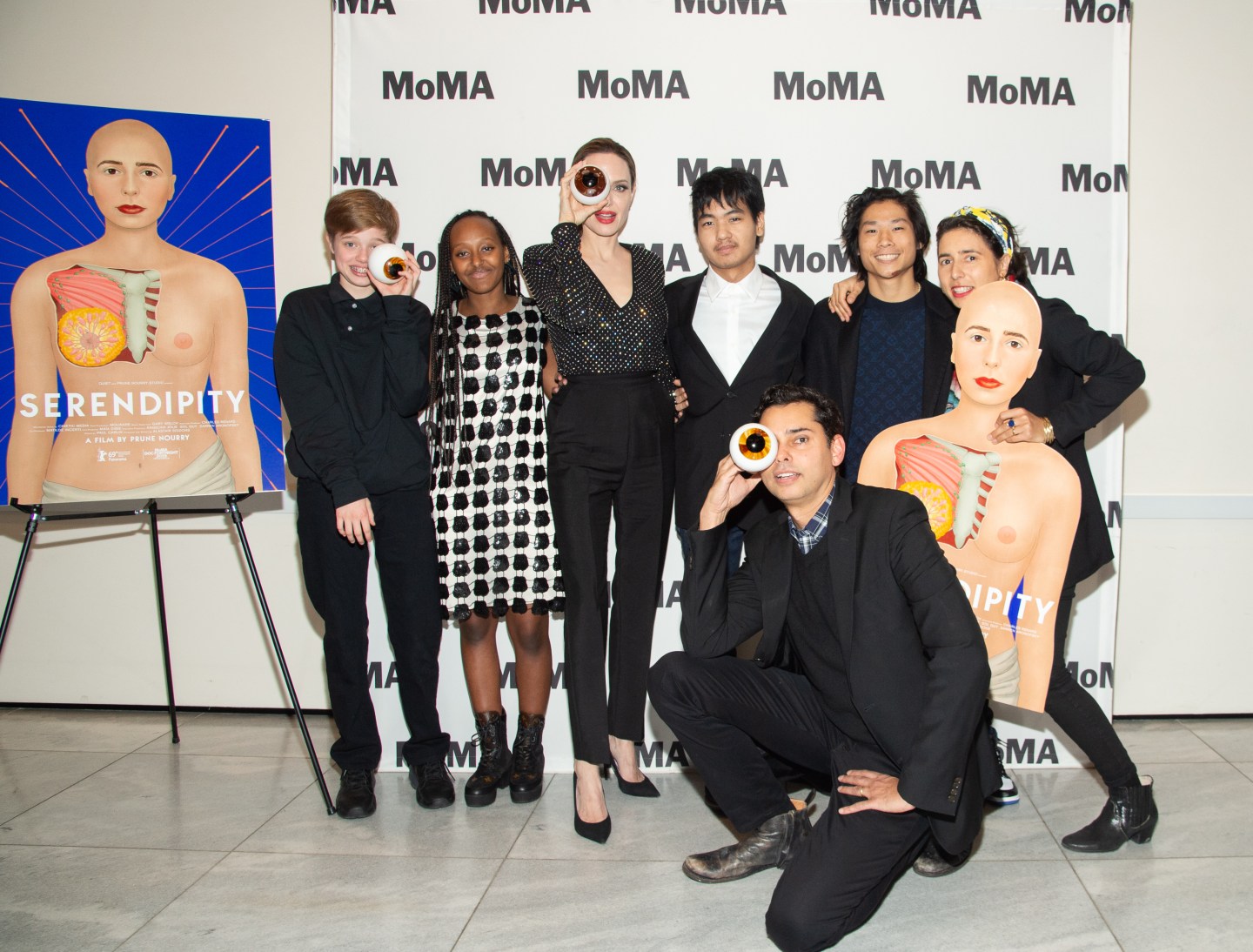 Shiloh Nouvel Jolie-Pitt, Zahara Marley Jolie-Pitt, Angelina Jolie, Maddox Chivan Jolie-Pitt, Pax Thien Jolie-Pitt, Rajendra Roy and Prune Nourry attend the Opening Night of MoMA's Doc Fortnight Premiere of Prune Nourry's Serendipity on February 21, 2019 in New York City.