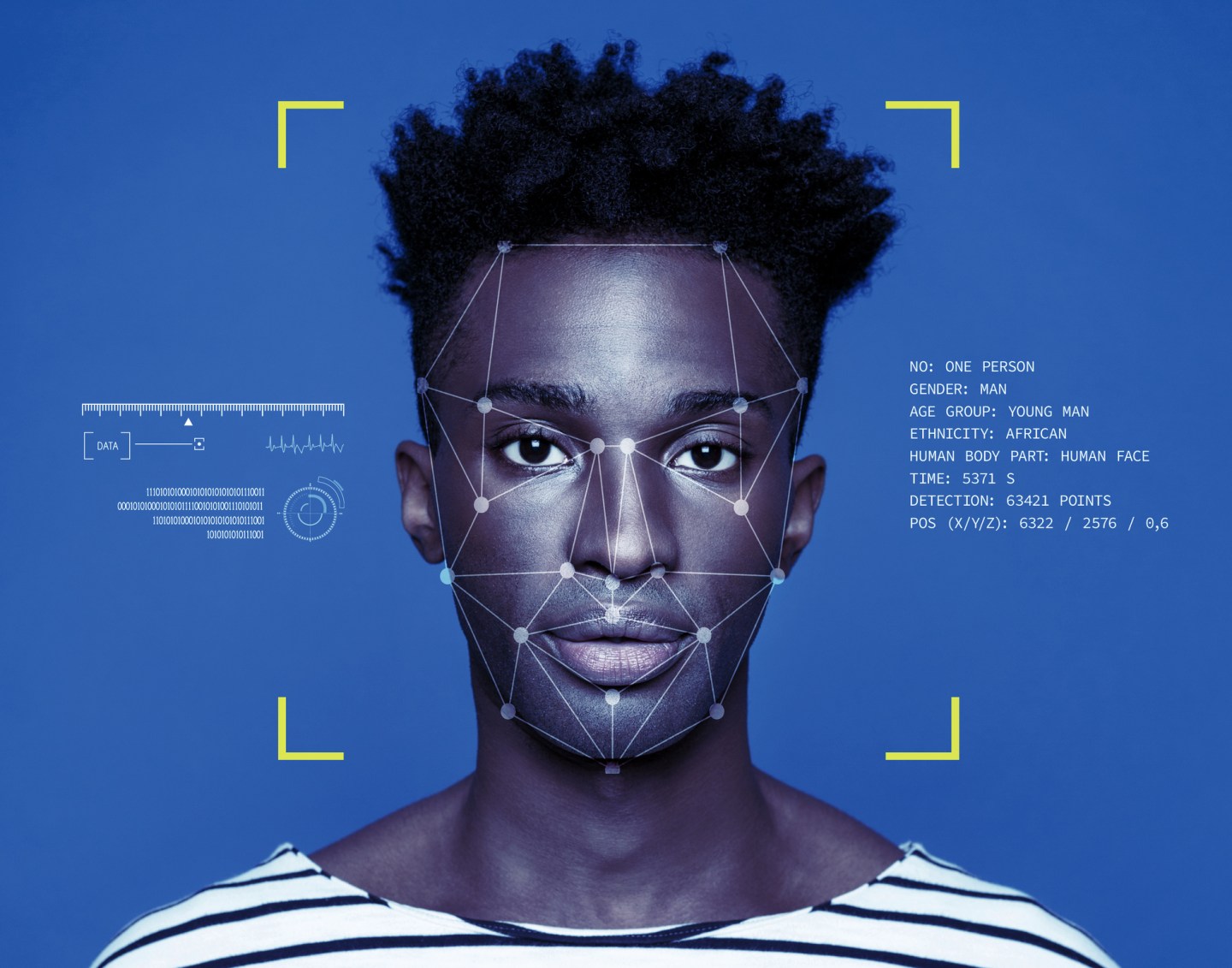 A black man having his face analyzed by facial recognition software.