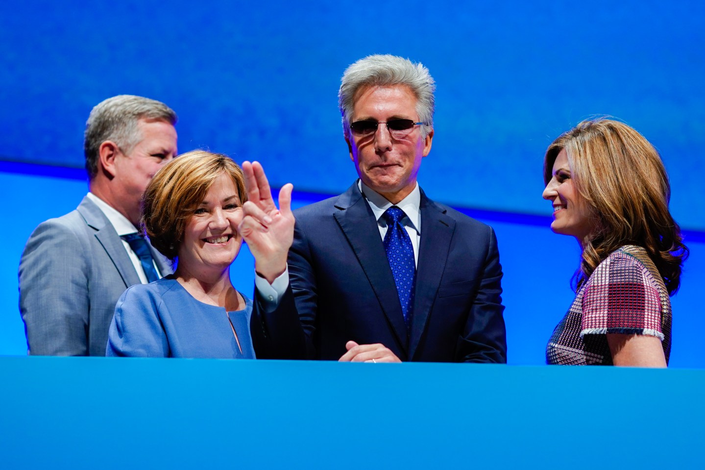 Bill McDermott (2nd R), CEO of German software and cloud computing giant SAP, and board members pose during the company's annual general meeting on May 15, 2019 in Mannheim, southwestern Germany (L-R) Stefan Ries, Adaire Fox-Martin, Bill McDermott and Jennifer Morgan.