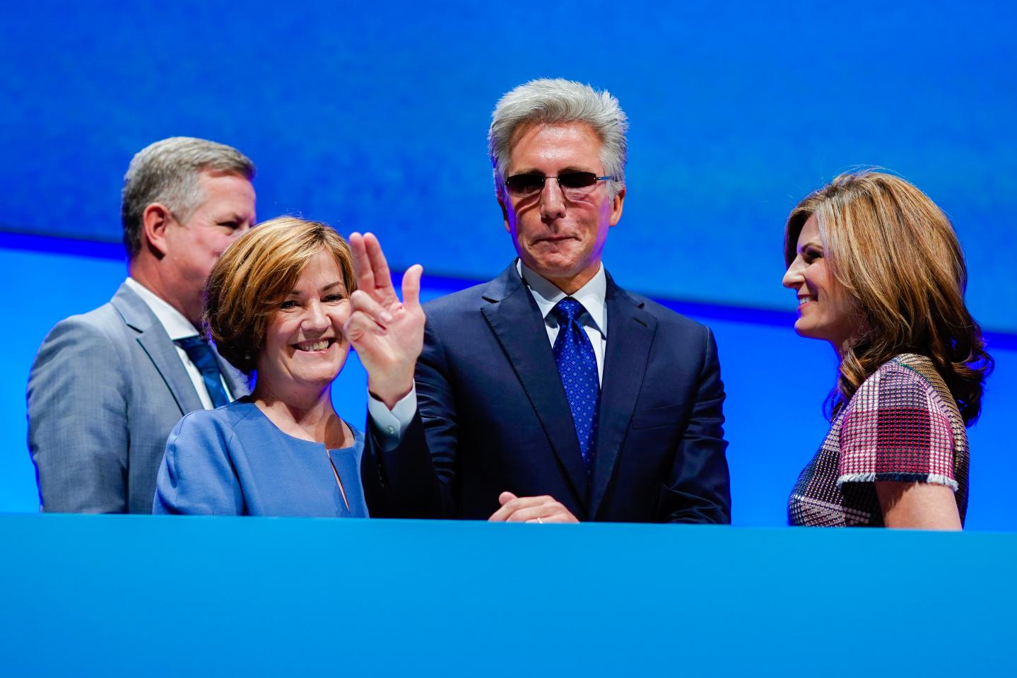 Bill McDermott (2nd R), CEO of German software and cloud computing giant SAP, and board members pose during the company's annual general meeting on May 15, 2019 in Mannheim, southwestern Germany (L-R) Stefan Ries, Adaire Fox-Martin, Bill McDermott and Jennifer Morgan.