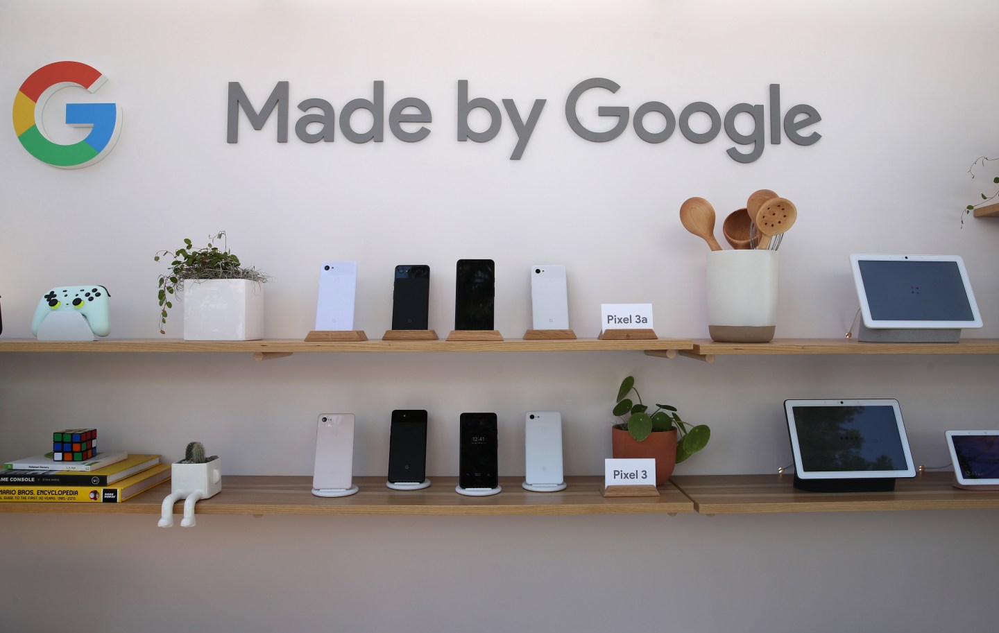 Google Pixel 3a (top shelf) is displayed during the 2019 Google I/O conference at Shoreline Amphitheatre on May 07, 2019 in Mountain View, California. Google CEO Sundar Pichai delivered the opening keynote to kick off the annual Google I/O Conference.