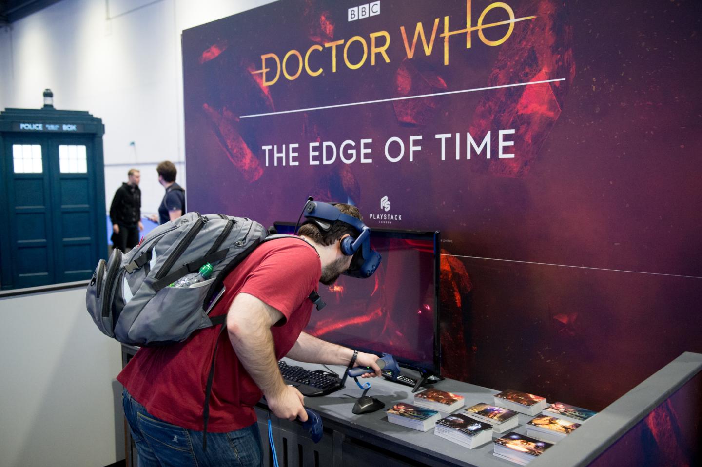 Gamers trying out the BBC Doctor Who The Edge Of Time game for the first time during Day 1 of London MCM Comic Con 2019 at ExCel on May 24, 2019 in London, England.