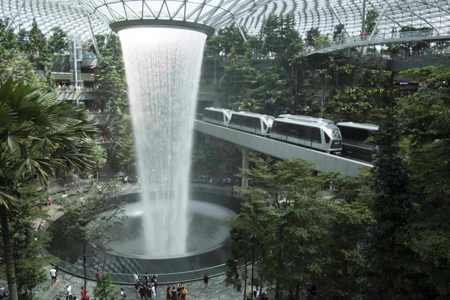 Rain Vortex, the worlds tallest indoor waterfall, at Changi Airport in Singapore.