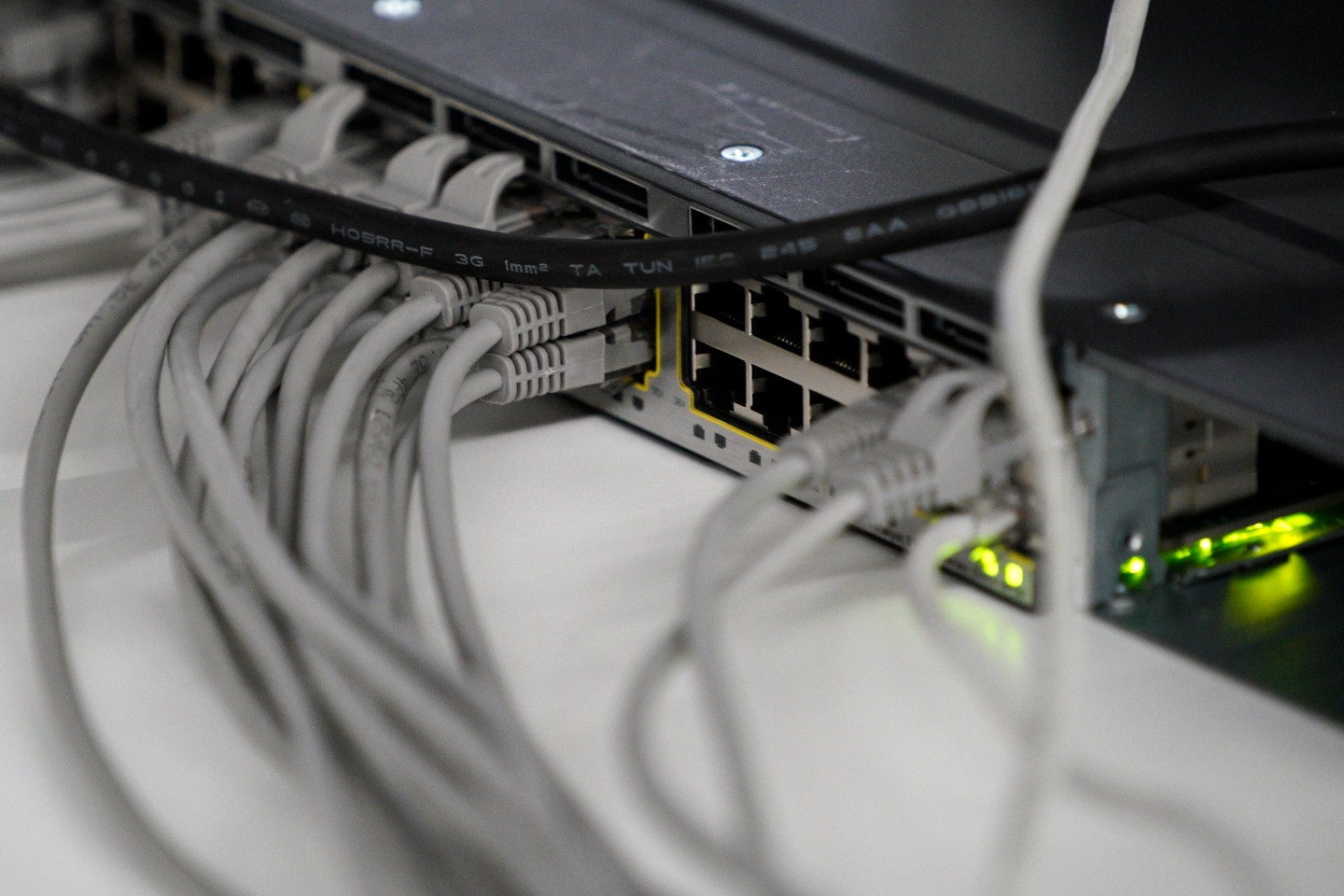 Routers with network cables are seen during the Hackyeah hackathon in Warsaw, Poland on September 18, 2019. The Hackyeah hackathon is the largest stationary hackathon in Europe with around 2500 participants taking part in an overnight hacking compeition and over 100 thousand Euros in prize money. (Photo by Jaap Arriens/NurPhoto via Getty Images)