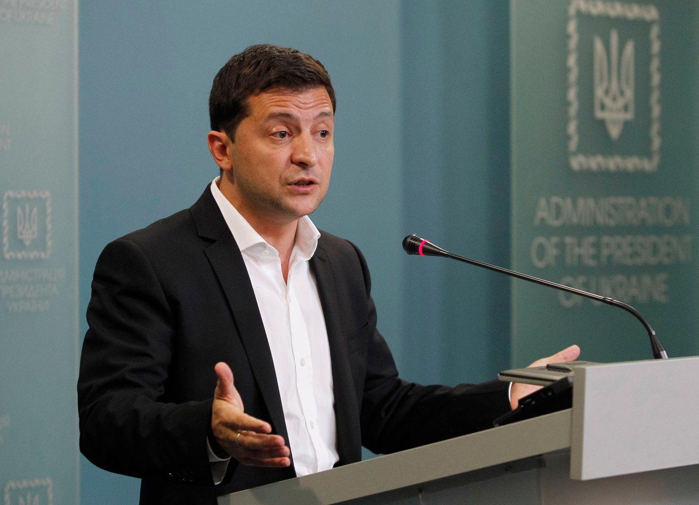 Ukrainian President Volodymyr Zelensky speaks during a press conference in Kyiv, Ukraine, on 1 October, 2019. Members of the Trilateral Contact Group on Ukraine on October 1 agreed to a peace process known as the ''Steinmeier Formula,'' as local media reported. (Photo by STR/NurPhoto via Getty Images)