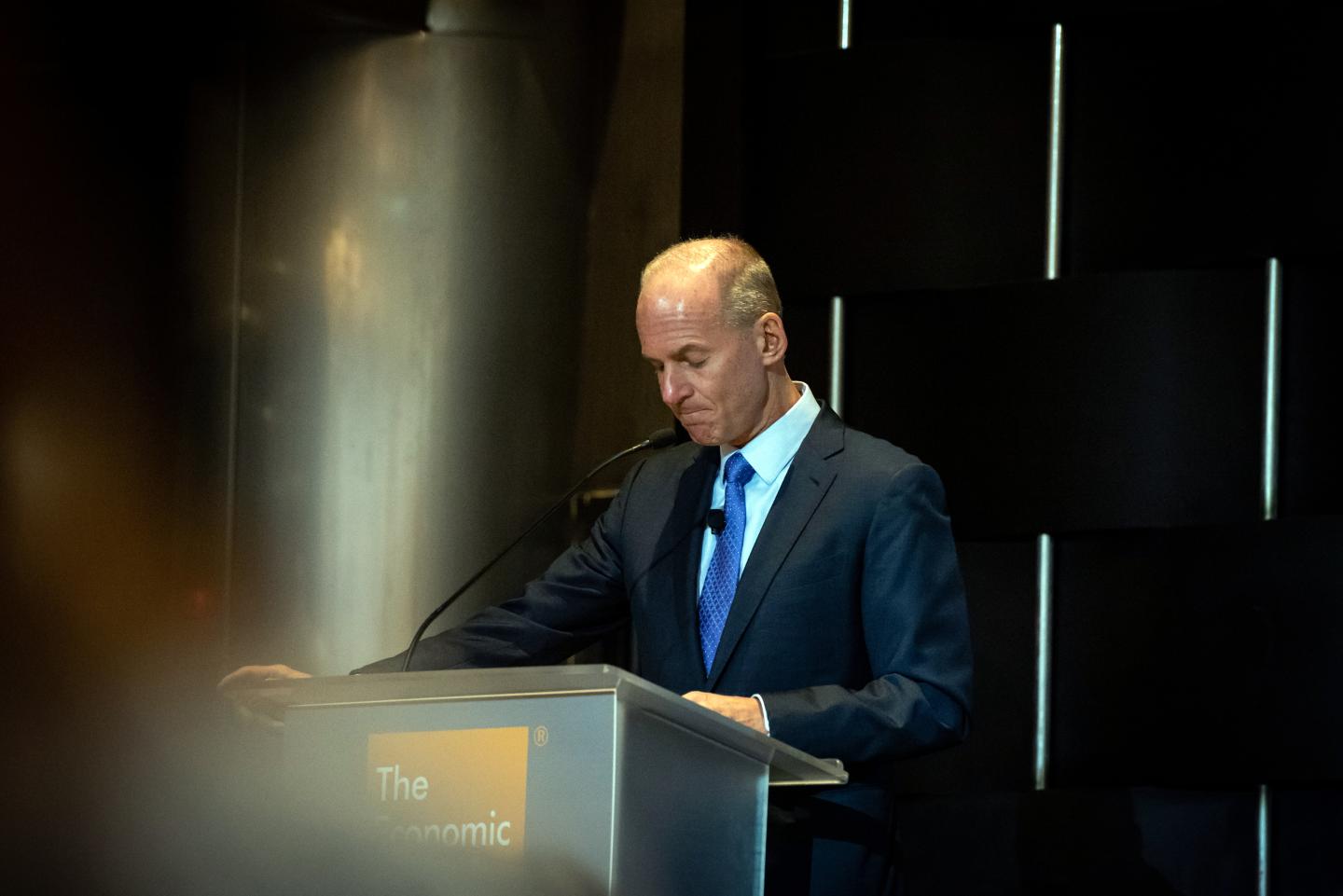 Dennis Muilenburg, chief executive officer of Boeing Co., pauses while speaking during an event at the Economic Club of New York in New York, U.S., on Wednesday, Oct. 2, 2019. Boeing test pilots have flown more than 700 flights with its new Max software, and the company is making daily, steady progress to re-certifying 737 Max, Muilenburg said. Photographer: Cate Dingley/Bloomberg via Getty Images