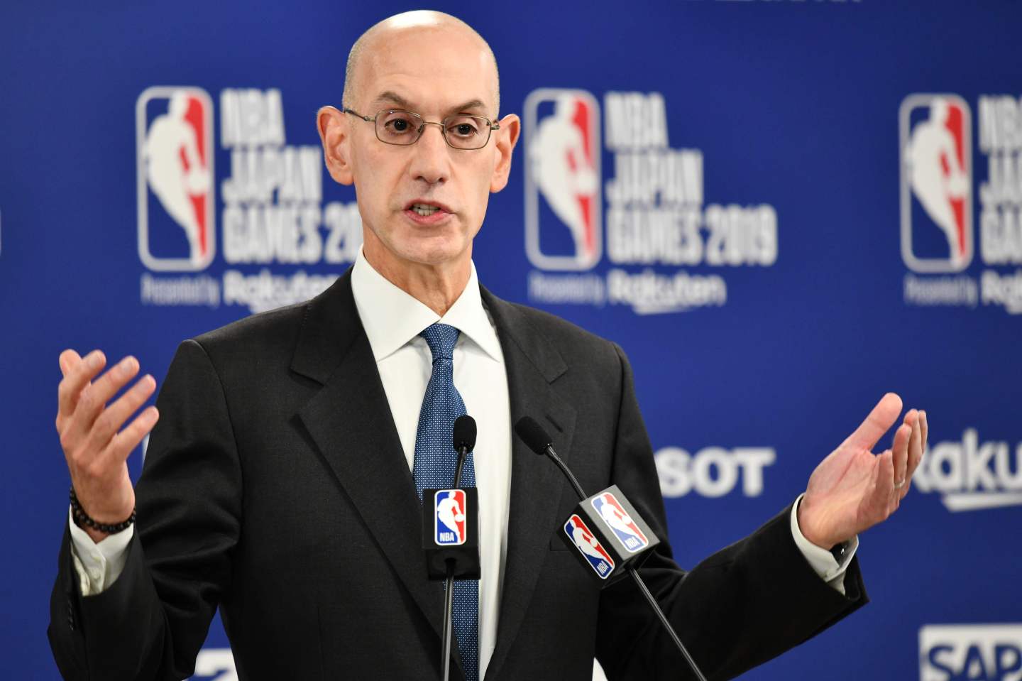 NBA Commissioer Adam Silver speaks during a press conference prior to the NBA Japan Games 2019 between the Toronto Raptors and Houston Rockets in Saitama on October 8, 2019. - The NBA will not regulate the speech of players, employees and owners, the organisation's commissioner said Tuesday after a tweet from a Houston Rockets executive sparked a backlash in China. (Photo by Kazuhiro NOGI / AFP) (Photo by KAZUHIRO NOGI/AFP via Getty Images)