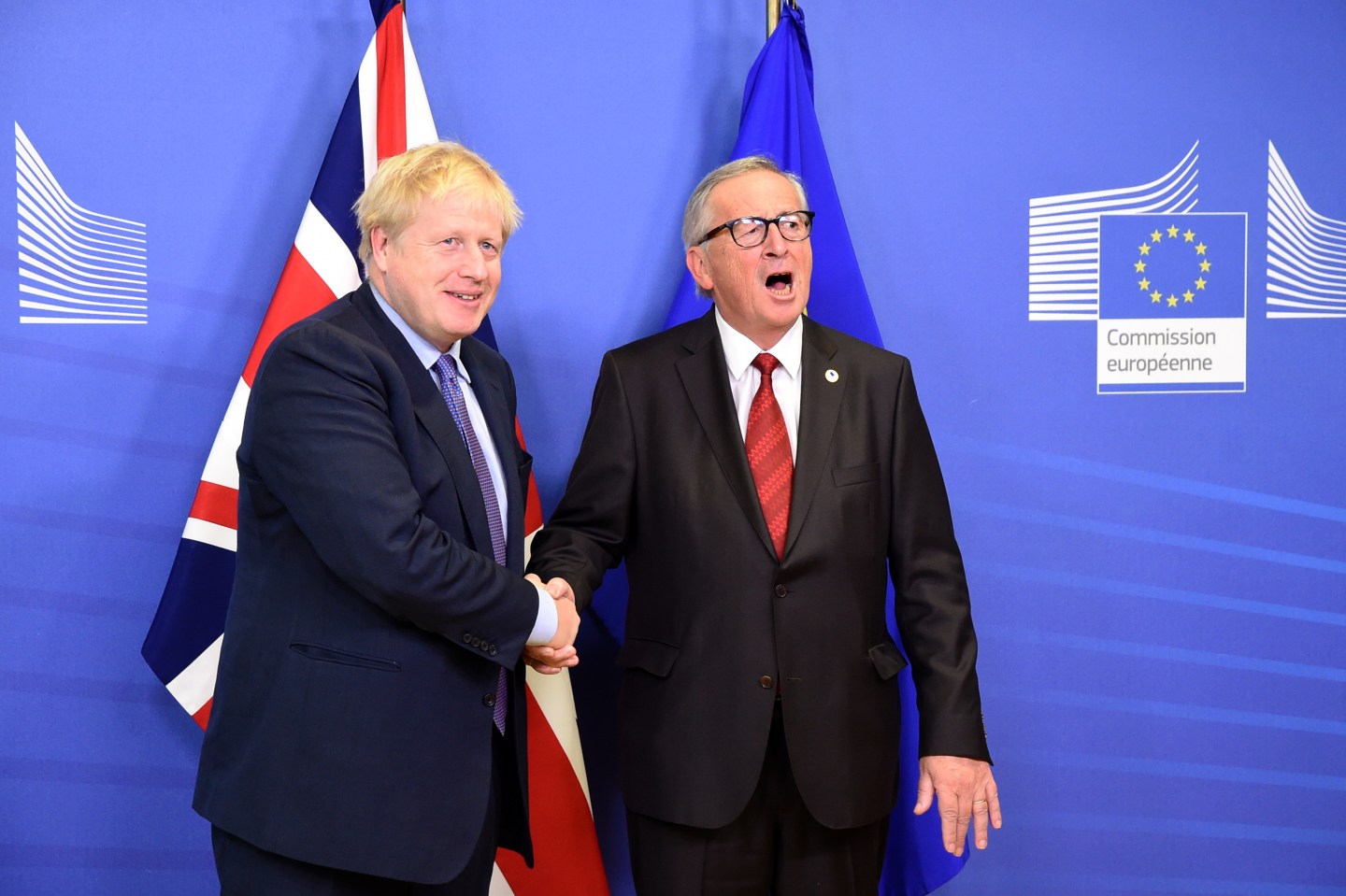 Prime Minister of United Kingdom Boris Johnson shakes hands with Jean Claude Juncker President of European Commission at the end of the press conference to the European Commission prior the European Parliament on October 17, 2019 in Brussels, Belgium.
