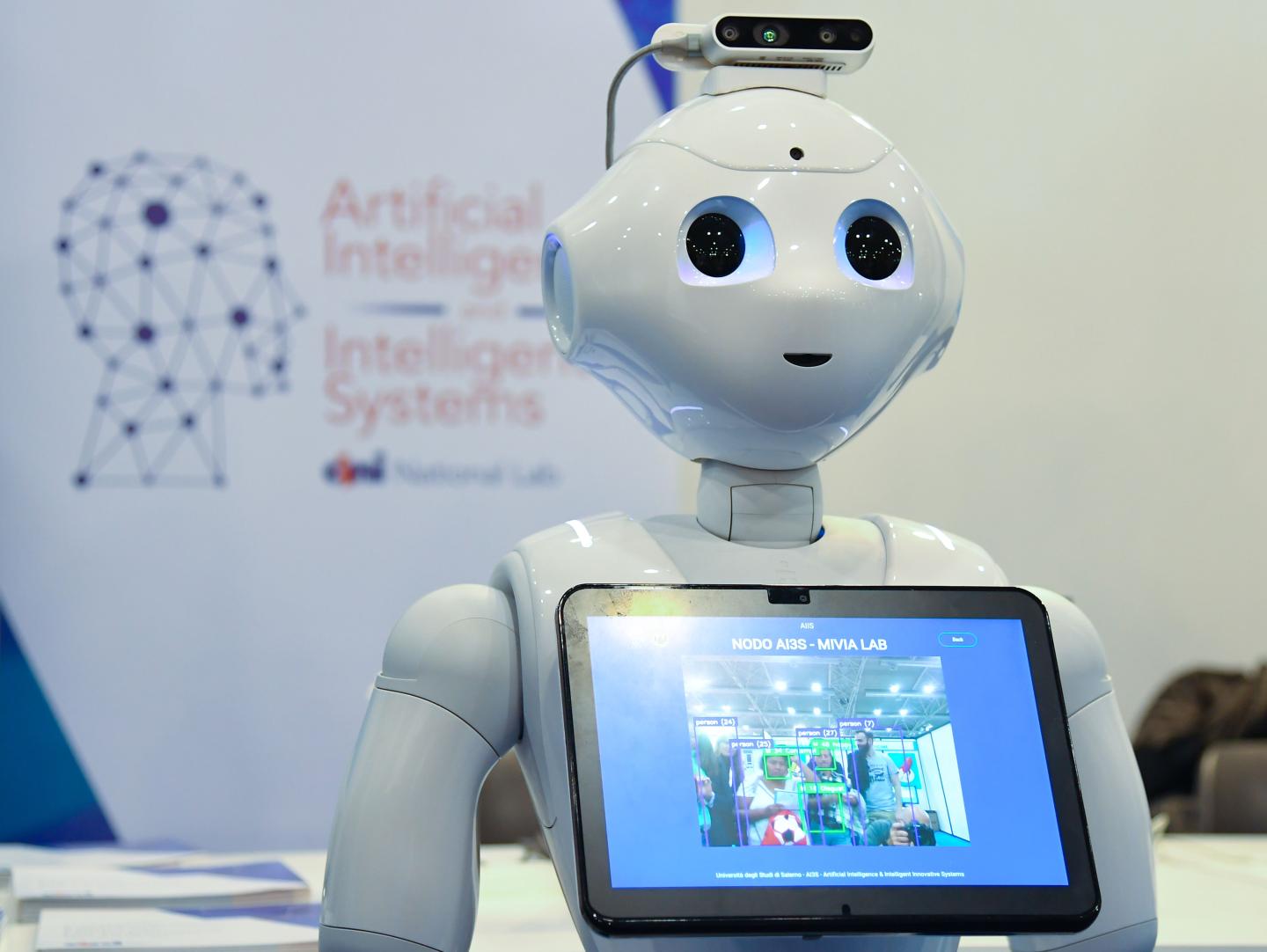 A robot from the Artificial Intelligence and Intelligent Systems (AIIS) laboratory of Italy's National Interuniversity Consortium for Computer Science (CINI) is displayed at the 7th edition of the Maker Faire 2019, the greatest European event on innovation, on October 18, 2019 in Rome.