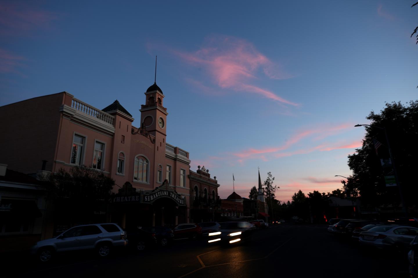 SONOMA, CALIFORNIA - OCTOBER 10: The Sebastiani Theatre and much of downtown remained dark on October 10, 2019 in Sonoma, California. Power outages were scheduled as preemptive moves by PG&amp;E to address hot, dry and windy weather and the risk of wildfires, according to the company. (Photo by Ezra Shaw/Getty Images)