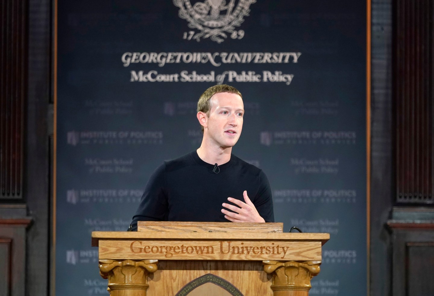WASHINGTON, DC - OCTOBER 17: Facebook CEO Mark Zuckerberg leads a conversation on free expression at Georgetown University on October 17, 2019 in Washington, DC. The event was hosted by the university’s McCourt School of Public Policy and its Institute of Politics and Public Service (GU Politics). (Photo by Riccardo Savi/Getty Images for Facebook)