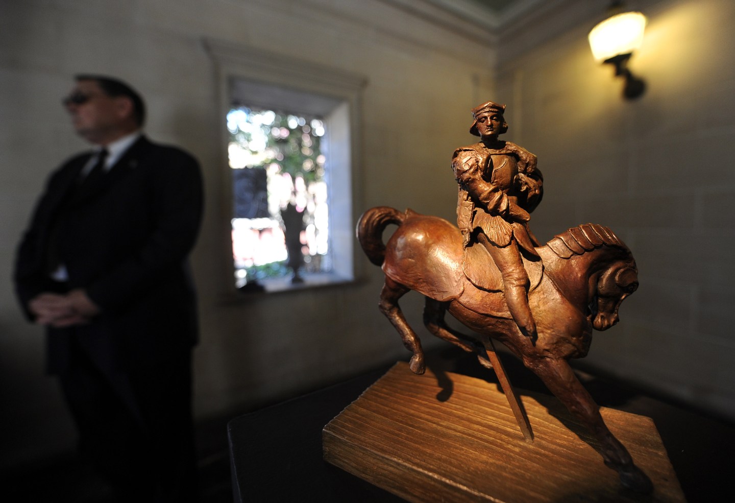The possible Leonardo da Vinci sculpture "Horse And Rider" is seen on display for the first time ever at Greystone Mansion on August 27, 2012 in Beverly Hills, California.