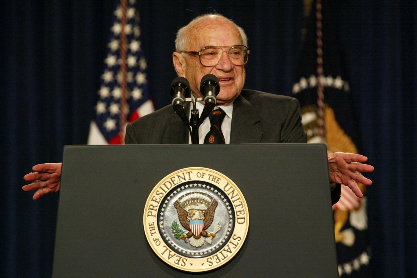 Milton Friedman, recipient of the 1976 Nobel Prize for economic science, speaks May 9, 2002 during a White House event in Washington, DC.