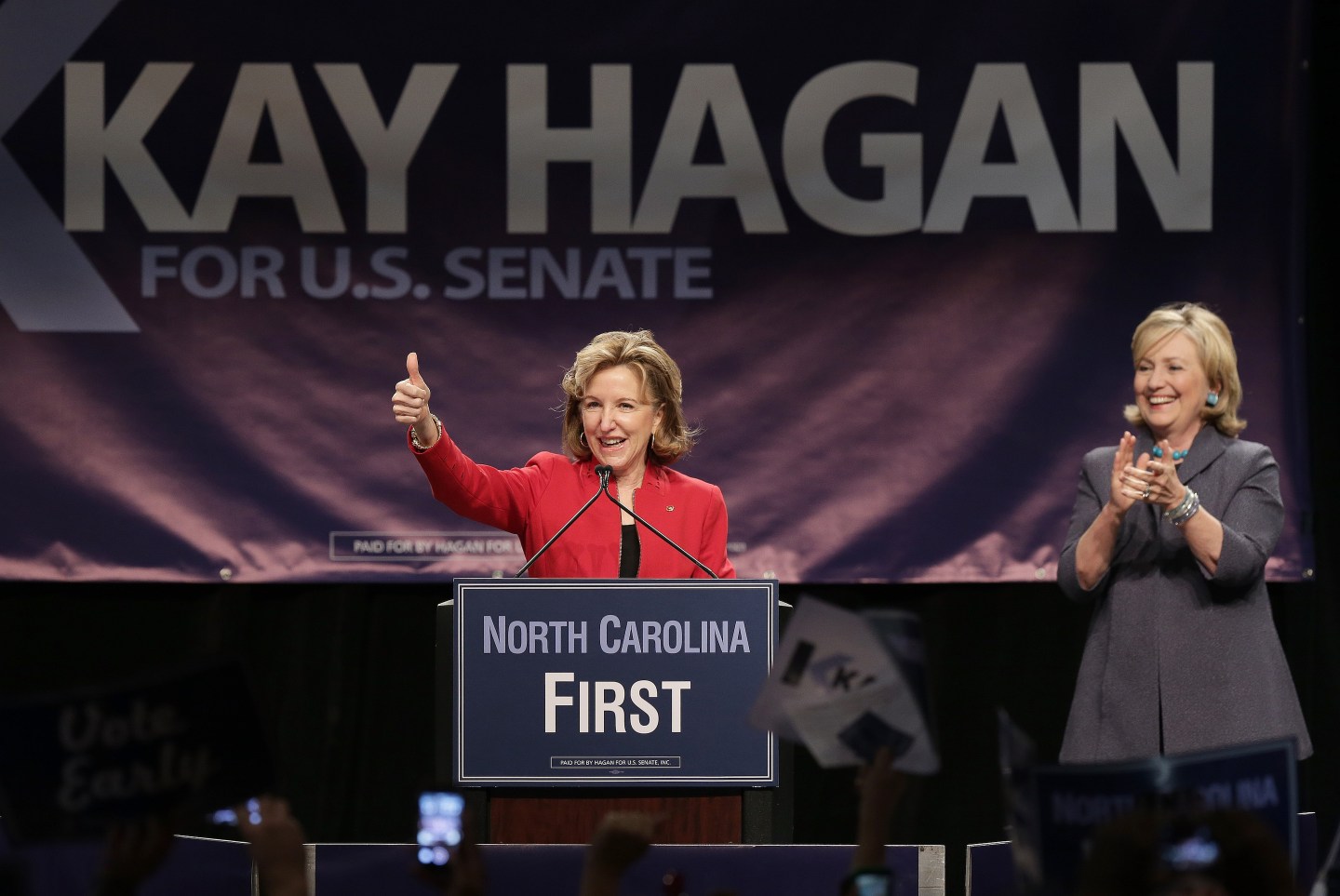 Democratic Sen. Kay Hagan of North Carolina at a Vote Early rally Oct. 25, 2014 in Charlotte, with former U.S. Secretary of State Hillary Clinton. Hagan lost her bid for a second term to Republican North Carolina House Speaker Thom Tillis.Win McNamee—Getty Images