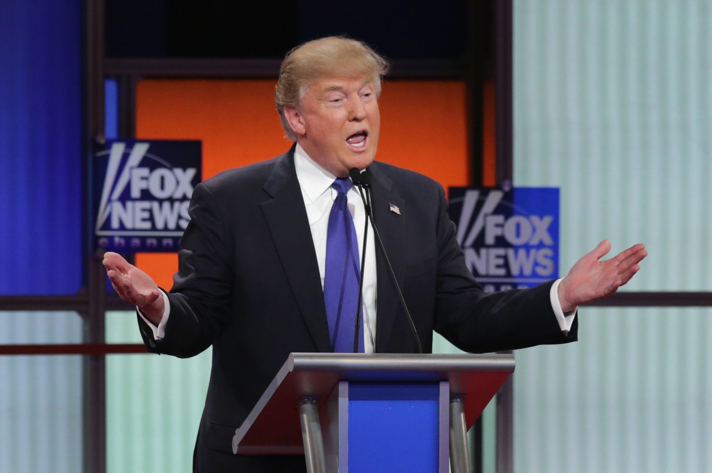 Donald Trump participates in a debate sponsored by Fox News at the Fox Theatre on March 3, 2016 in Detroit, Michigan. Voters in Michigan will go to the polls March 8 for the State's primary.