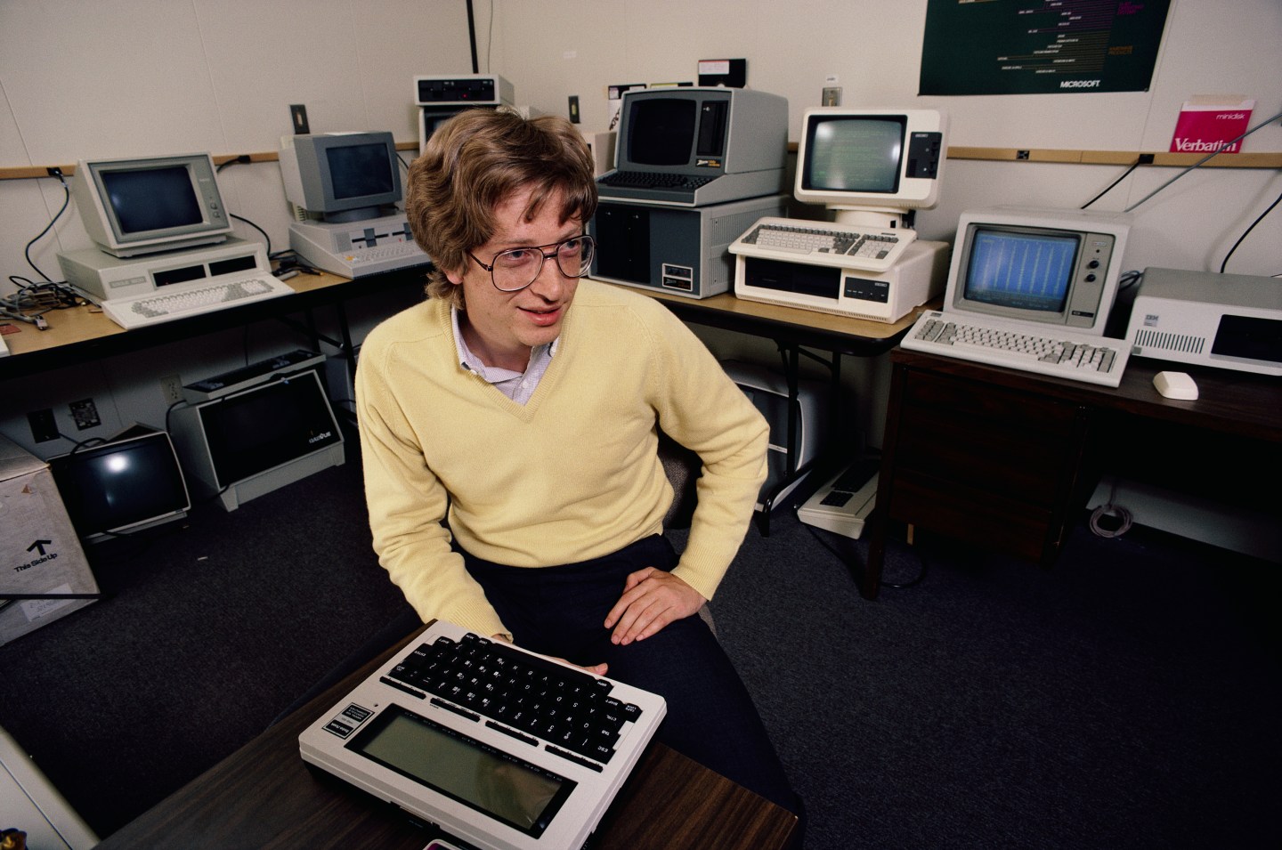 Bill Gates surrounded by computers in 1983.