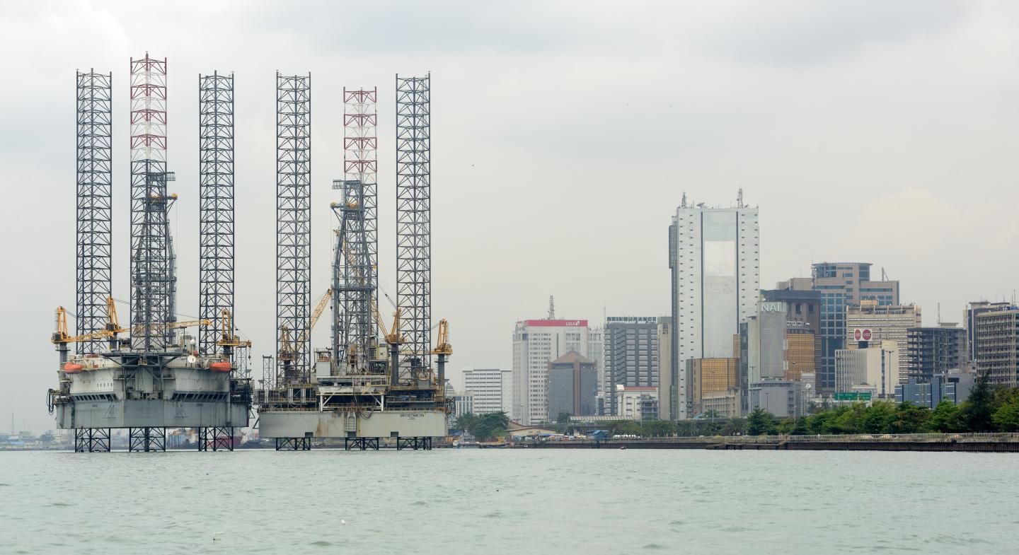 LAGOS, NIGERIA - MARCH 16 : Oil platform in Lagos Port Complex (port of Lagos) is located at the Apapa area of Lagos on March 16, 2016 in Lagos, Nigeria, West Africa. (Photo by Frédéric Soltan/Corbis via Getty Images)
