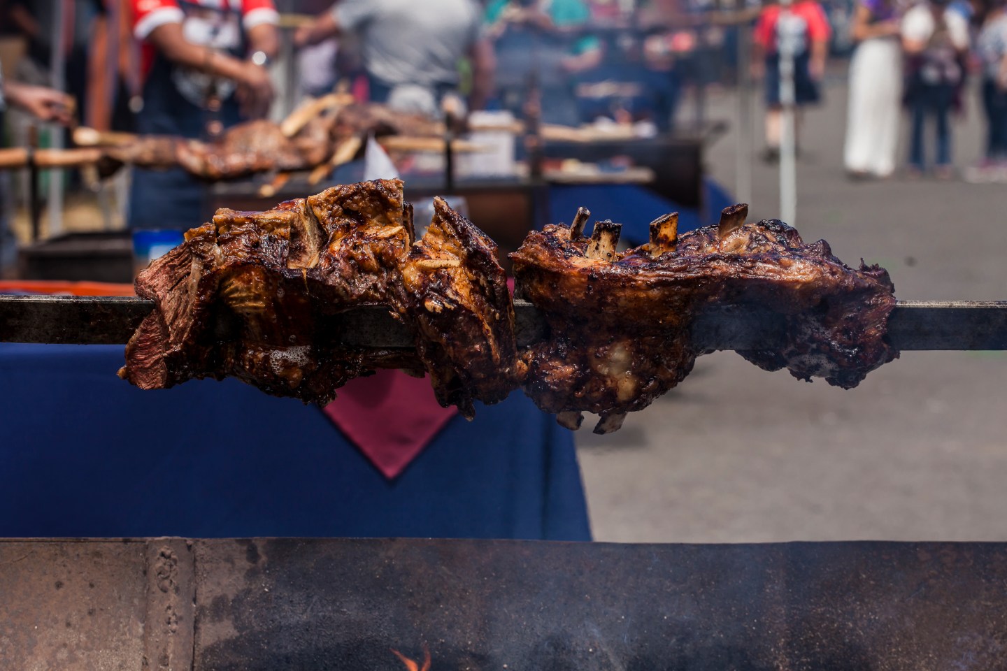 The traditional Asado al palo contest was held in Osorno, Chile on 28 January 2018. It is a cooking technique by which the pieces of meat are exposed to the heat of fire or embers so that they are cooked slowly. The fire is obtained from coal or wood using the spit, a pole or metal pike in which go through the flesh. The evaluation will be carried out by a jury composed of the Argentine Bernardo Borgeat and the French chef, Yann Yvin in Osorno, Chile (Photo by Fernando Lavoz/NurPhoto via Getty Images)
