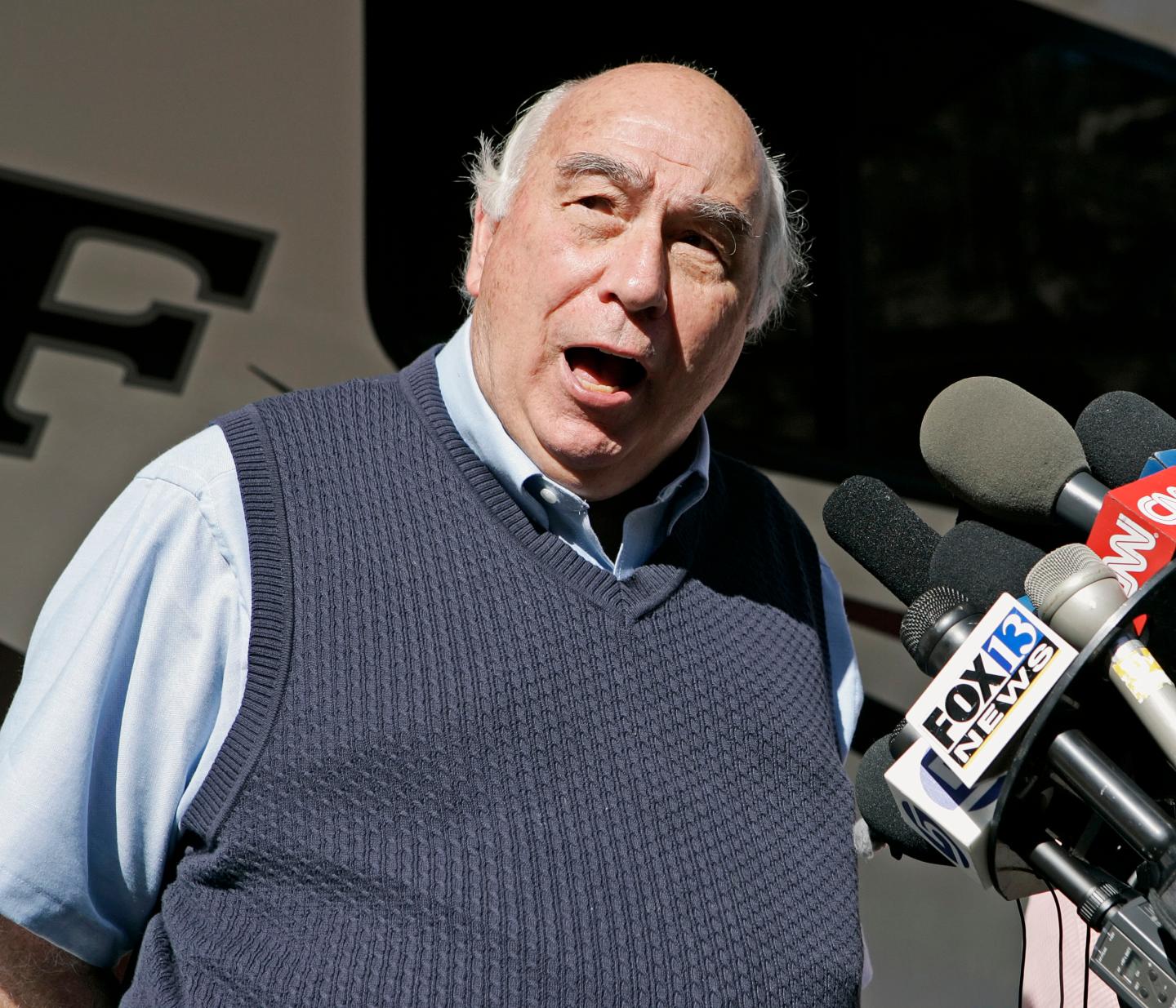UNITED STATES - AUGUST 07: Robert E. Murray, chief executive officer and president of Murray Energy Corporation, speaks to the media regarding efforts to save six miners who are trapped in a Crandall Canyon Mine located northwest of Huntington Utah on Tuesday, Aug. 7, 2007. (Photo by Kenny Crookston/Bloomberg via Getty Images)