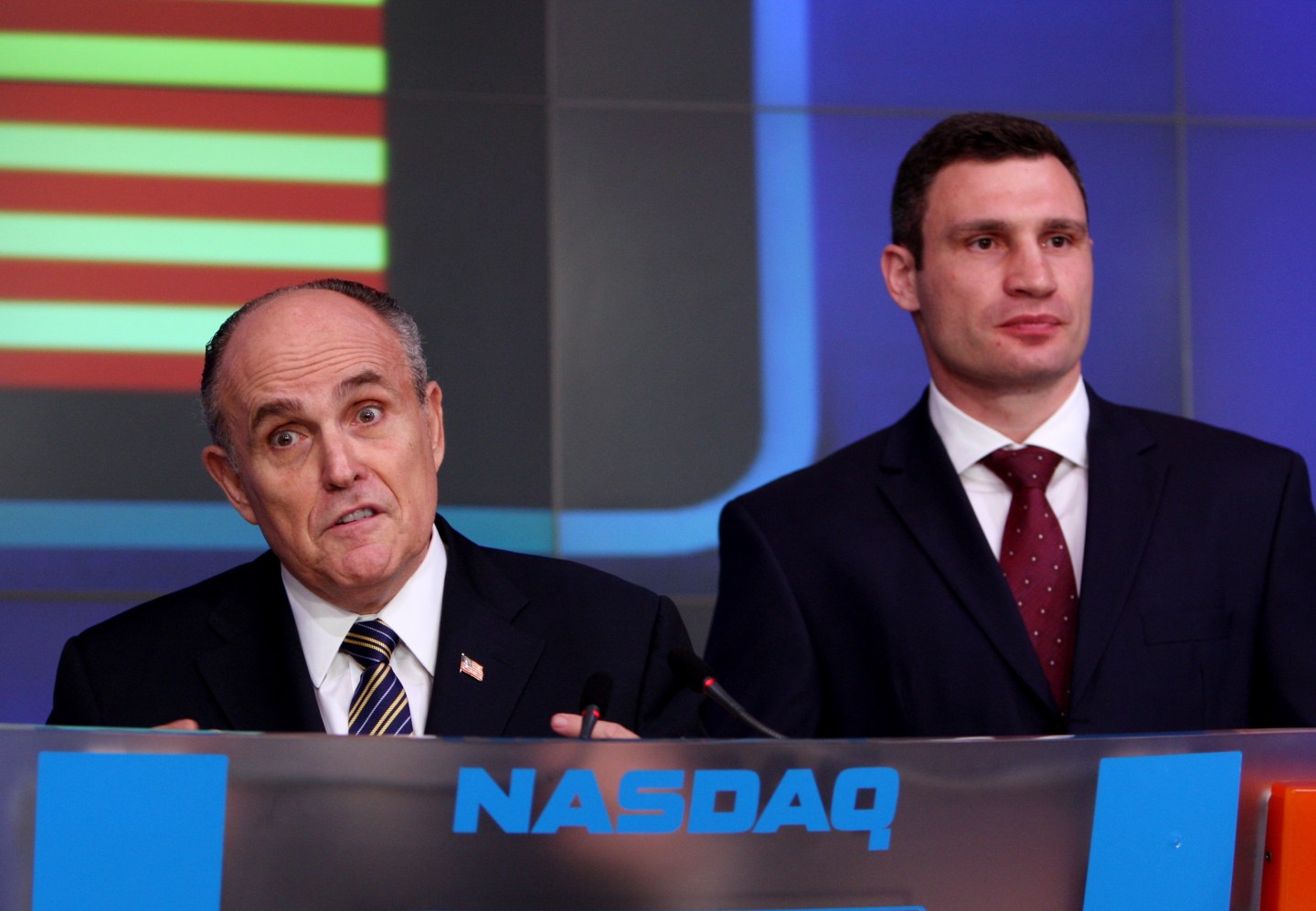Former Mayor Rudy Giuliani stands with boxer Vitali Klitschk