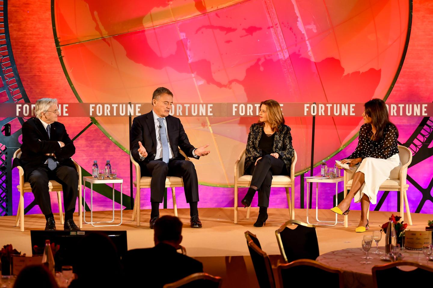 Former ECB President Jean-Claude Trichet, Volvo Chairman Carl-Henric Svanberg, Sodexo Chairwoman Sophie Bellon and Fortune magazine's Maithreyi Seetharaman speak at the Fortune Global Forum in Paris.