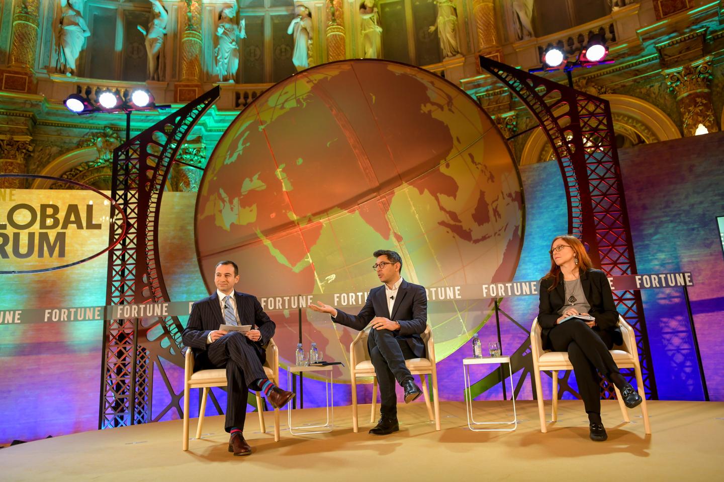 Antoine Bordes, Co-Managing Director, Facebook Artificial Intelligence Research (center) and Francesca Rossi, IBM AI Ethics Global Leader and Distinguished Research Staff Member, IBM Research (right) speaking at the Fortune Global Forum in Paris on Nov. 19, 2019.