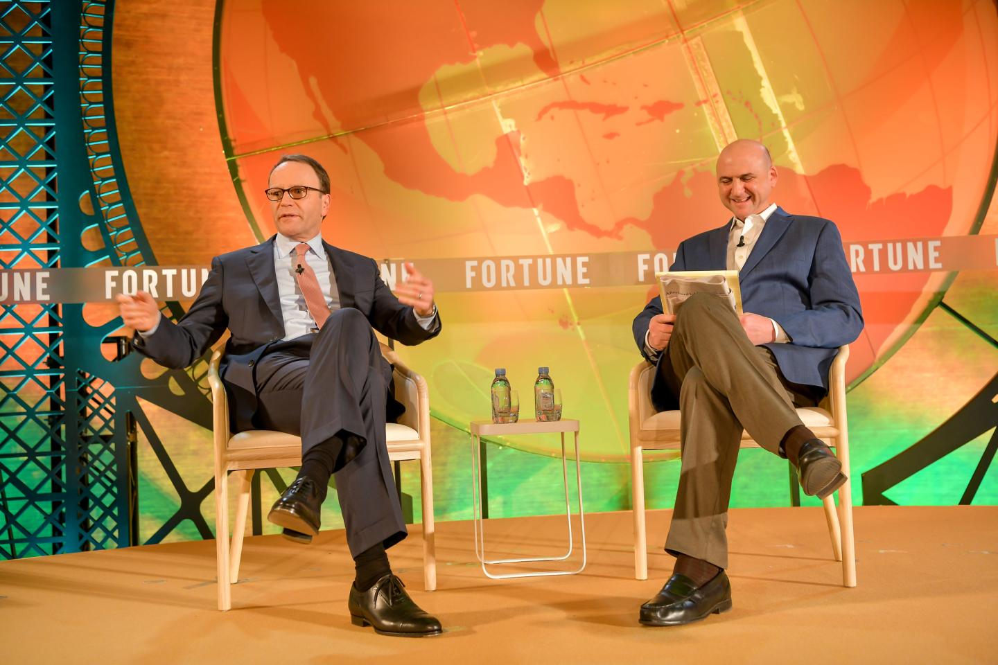 Nestlé CEO Ulf Mark Schneider (L) speaking at the 2019 Fortune Global Forum in Paris.