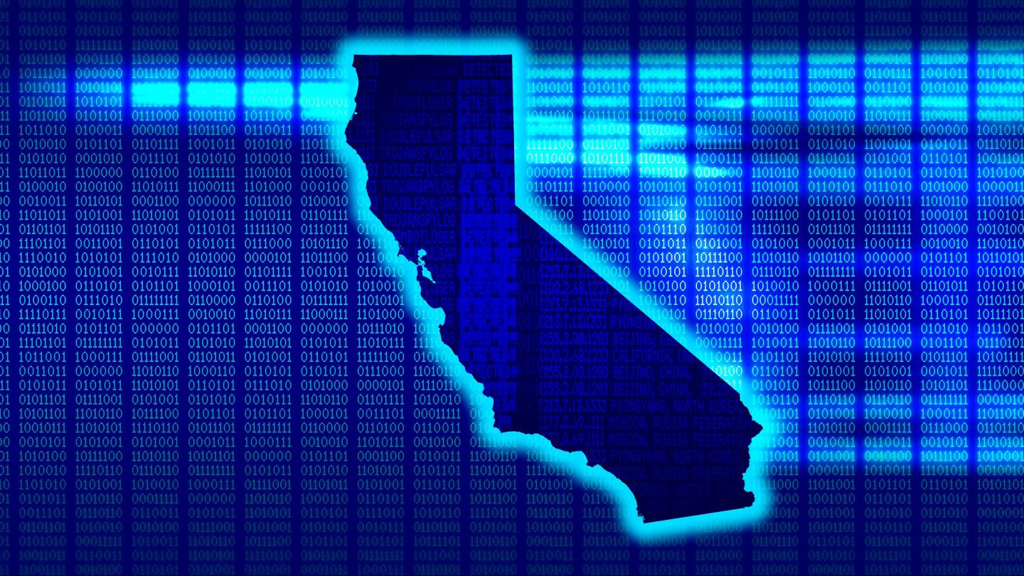California - State with glow with a 101010 background in a 1970 dot matrix font on a computer screen. 8K Resolution ready.