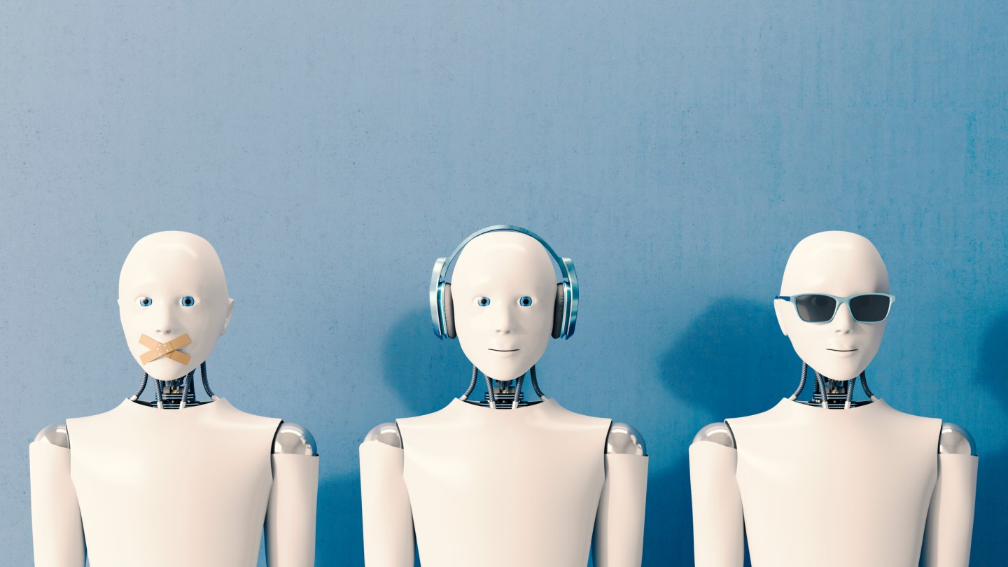 Image of three humanoid robots depicting "speak no evil, hear no evil, and see no evil."