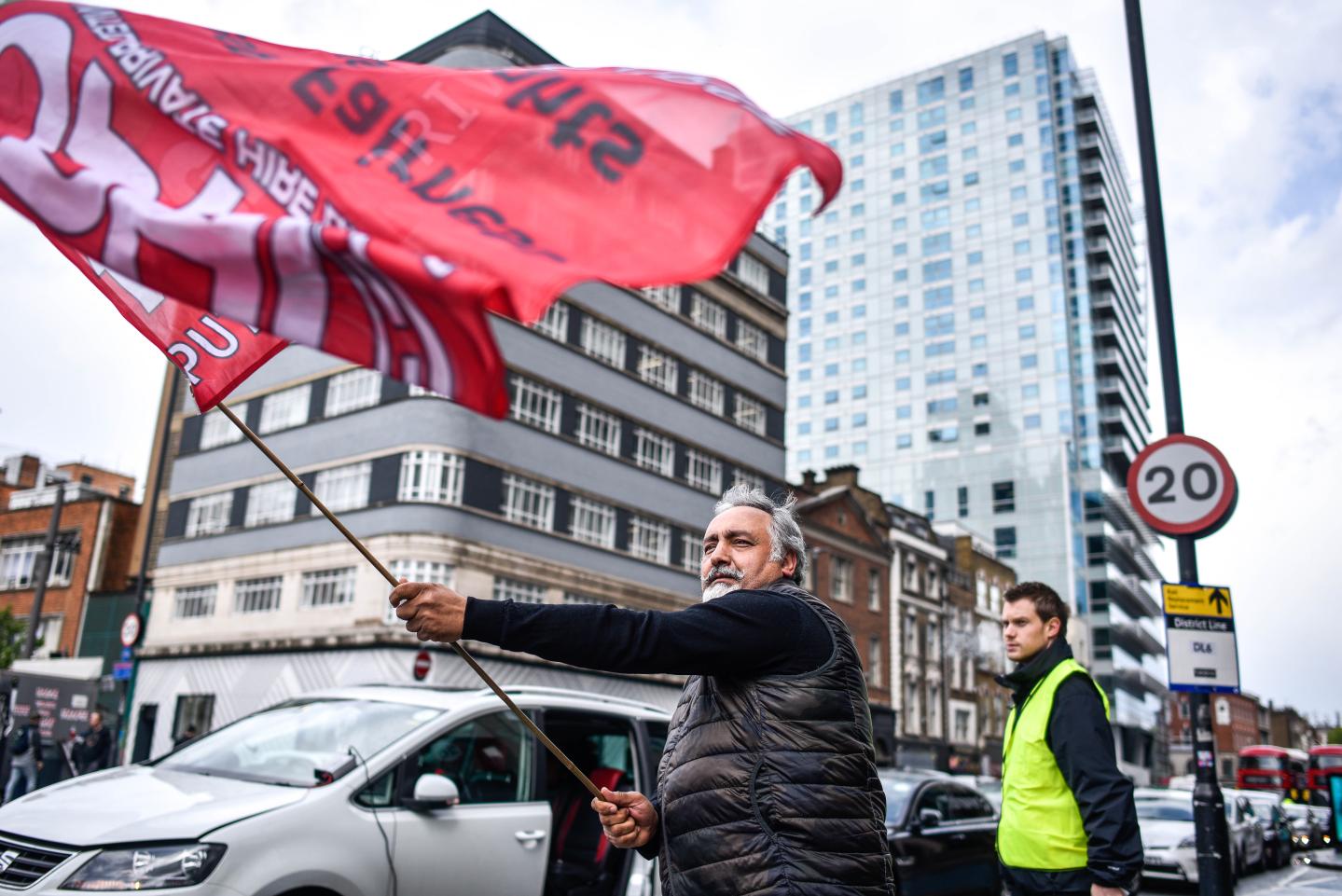 LONDON, ENGLAND - MAY 08: Uber drivers protest outside the Uber offices on May 8, 2019 in London, England. The protests come ahead of Uber's anticipated Initial Public Offering on the New York Stock Exchange which could put the ride-hailing firm's valuation as high as $91.5 biillion. (Photo by Peter Summers/Getty Images)