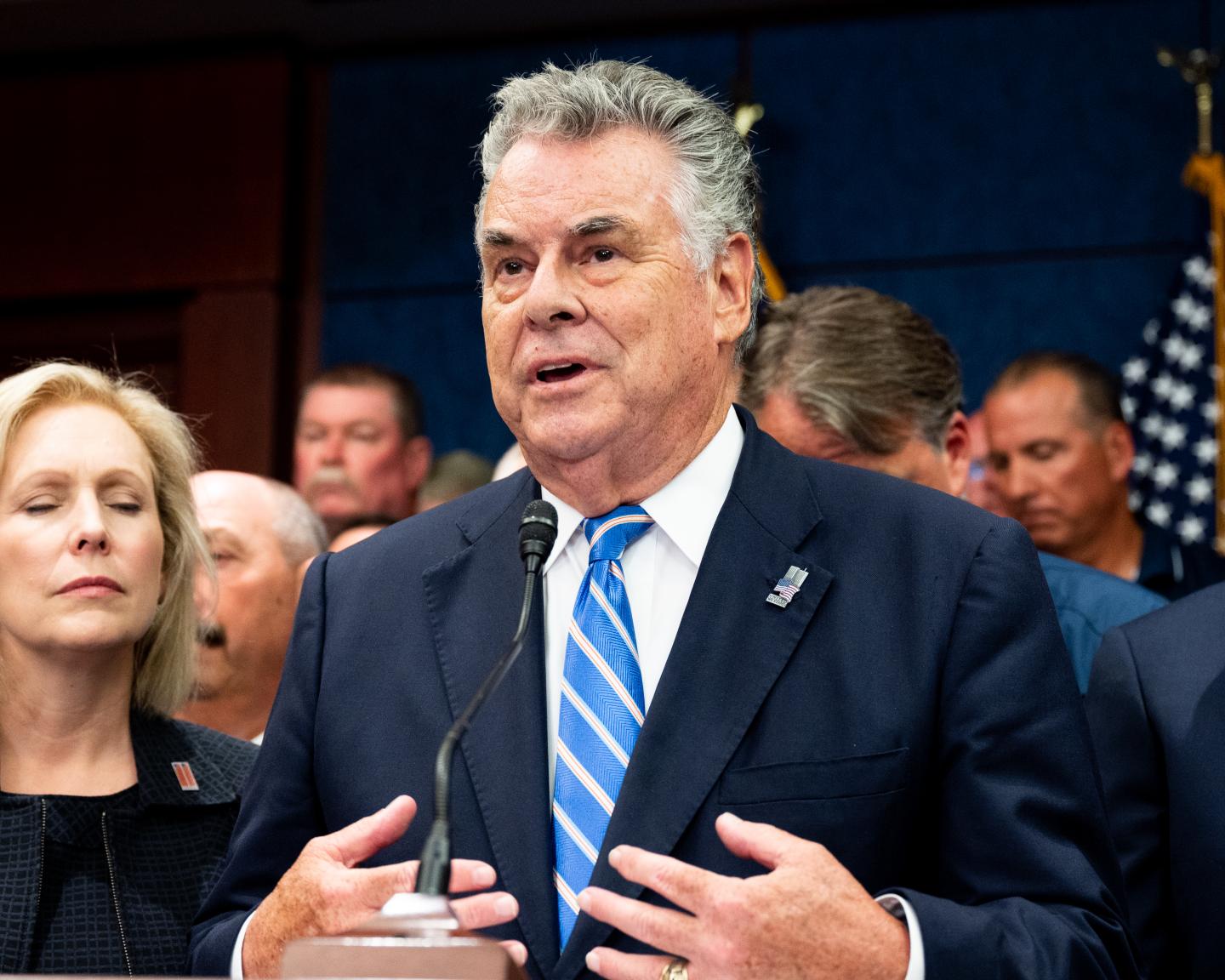 WASHINGTON, DC, UNITED STATES - 2019/07/23: U.S. Representative Peter King (R-NY) speaking at the press conference held after the passage of H.R.1327 - Never Forget the Heroes: James Zadroga, Ray Pfeifer, and Luis Alvarez Permanent Authorization of the September 11th Victim Compensation Fund Act at the Capitol in Washington, DC. (Photo by Michael Brochstein/SOPA Images/LightRocket via Getty Images)